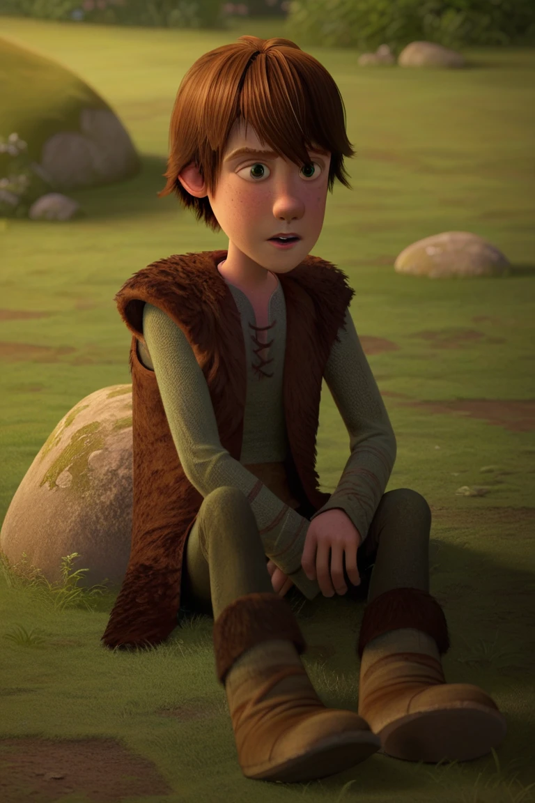 score_9, score_8_up, score_7_up, score_6_up, masterpiece, best quality, amazing quality, best aesthetic, absurdres, intricate details, detailed face,
hiccup, brown hair, green eyes, solo, freckles, grass, open mouth, short hair, vest, 1boy, sitting, male focus, rock<lora:EMS-436752-EMS:1.000000>