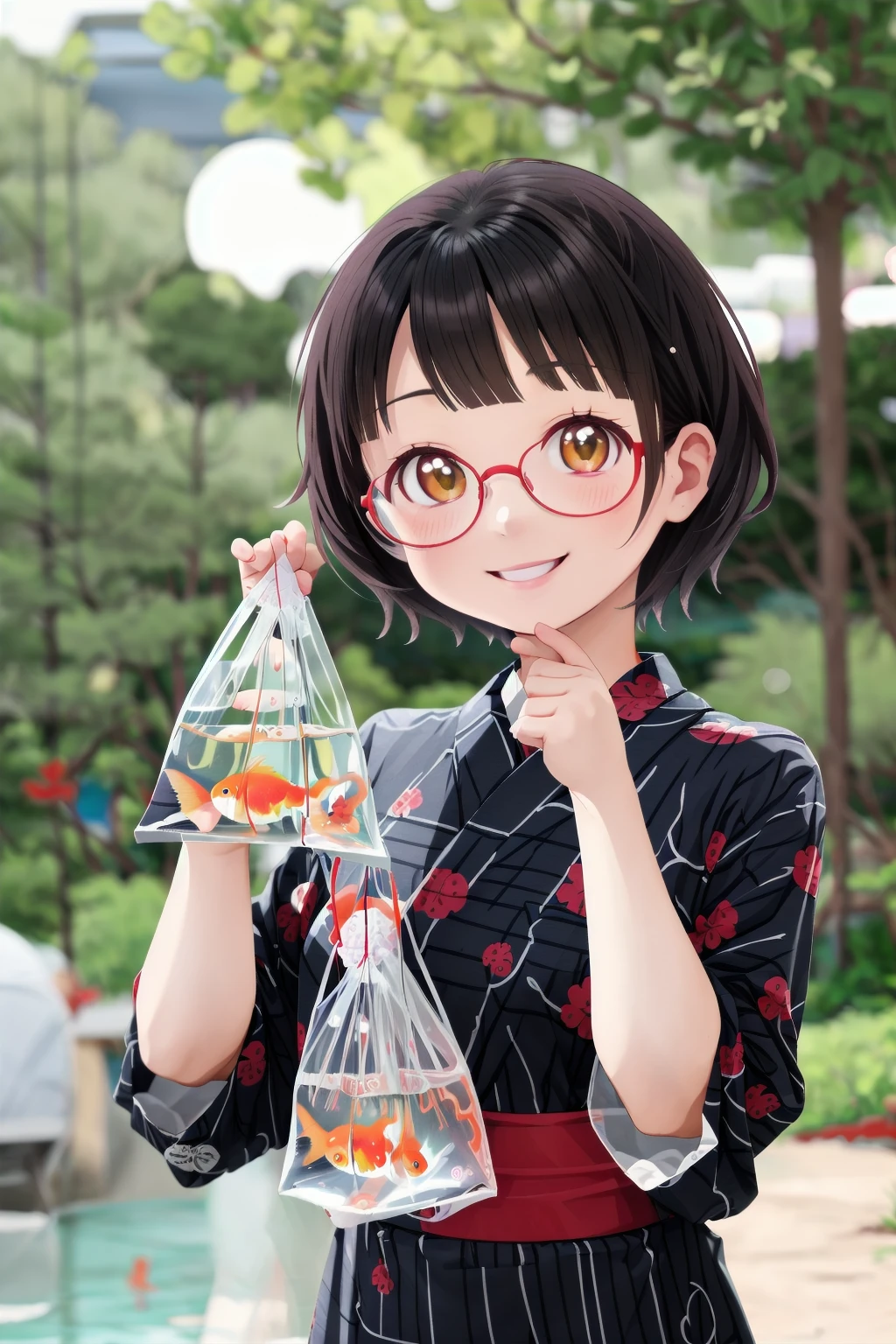 masterpiece, best quality, very aesthetic, absurdres,
(kingyofukuro, bagged fish:1.2), goldfish, smile, fish, 
1girl, solo, glasses, smile, yukata, short hair, looking at viewer, black hair, blurry background, upper body, uchiwa, Water balloon, uchiwa, bangs, 
 <lora:kingyo_fukuuro_SD15_V1:0.8>