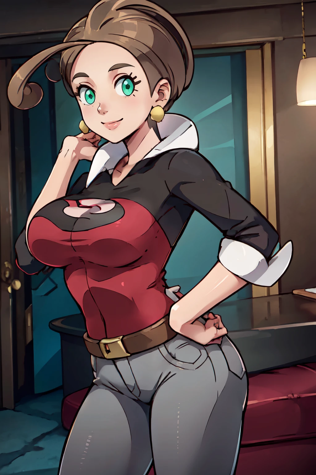 ((masterpiece,best quality)), absurdres,  BREAK, , <lora:Alexa_Pokemon:1.0>, zzAlexa, brown hair, green eyes, earrings, large breasts, black shirt, red shirt, grey pants, , BREAK, hip to the side, hand on hip, contrapposto,, BREAK, solo, smile, looking at viewer, cowboy shot,