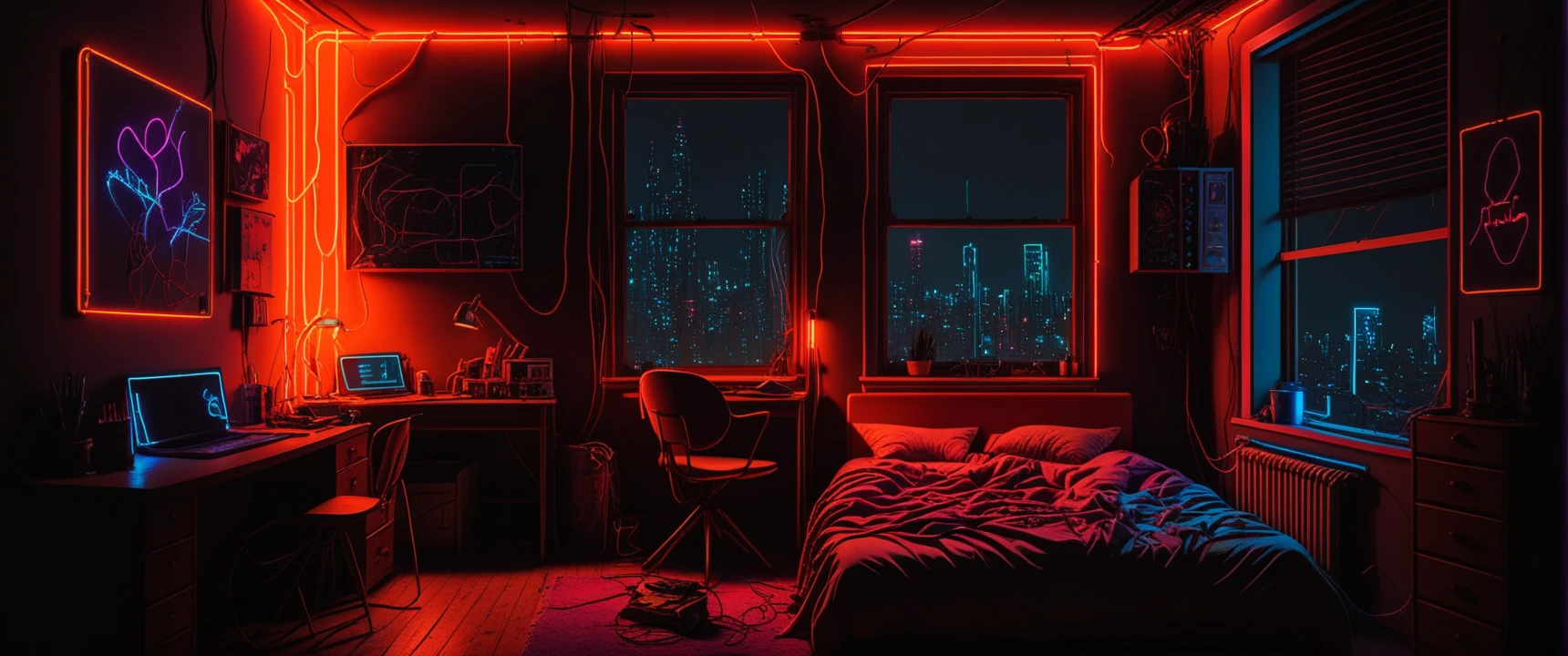 D_Ewir3s , Dark electric neon wires,
dark cyberpunk art of a lofi-girl in her bedroom