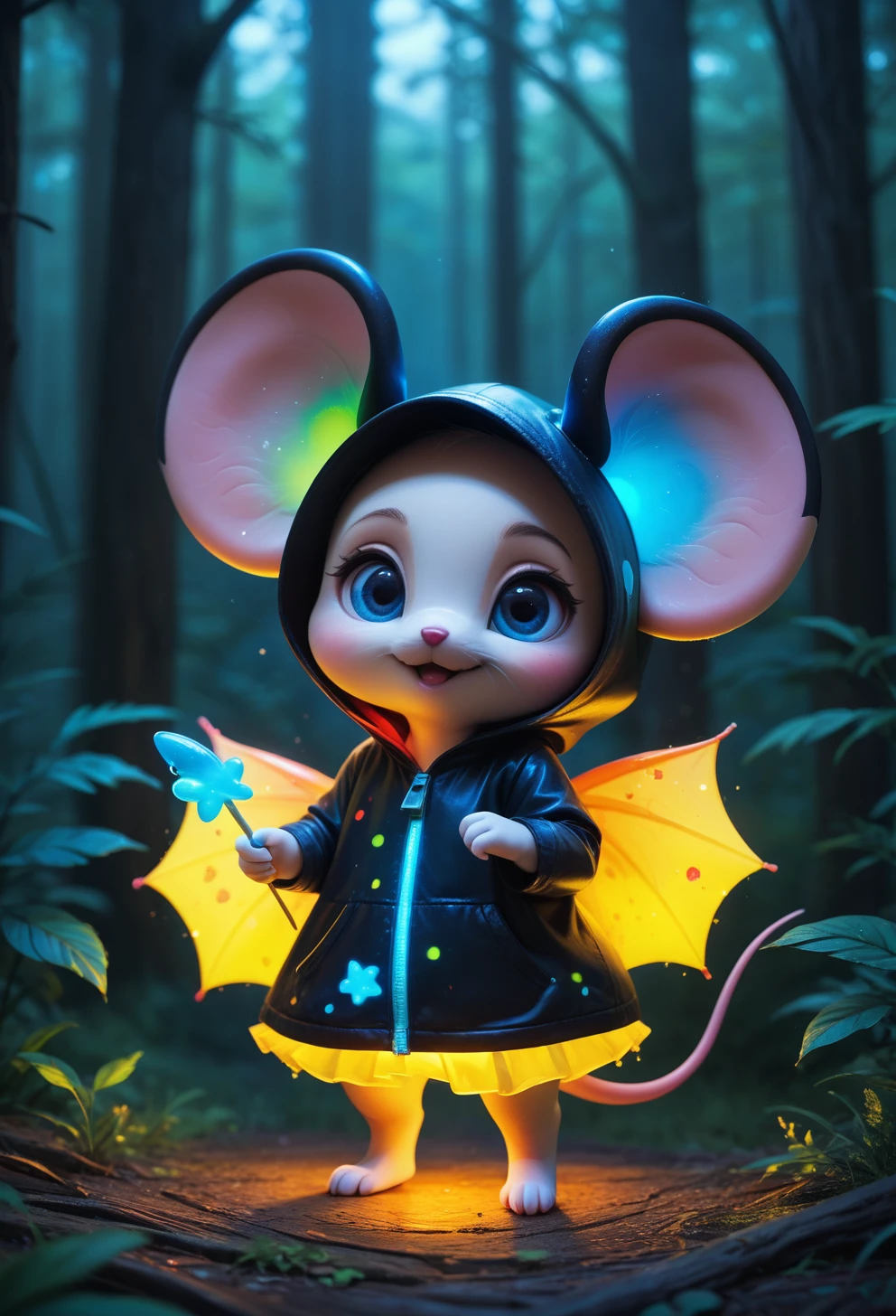 score_9, score_8_up, score_7_up, 2d, 8k. a chibi mouse in a oversized costume made out of bnysplshpy <lora:ebonysplashPY-000009:0.6>, forrest, night