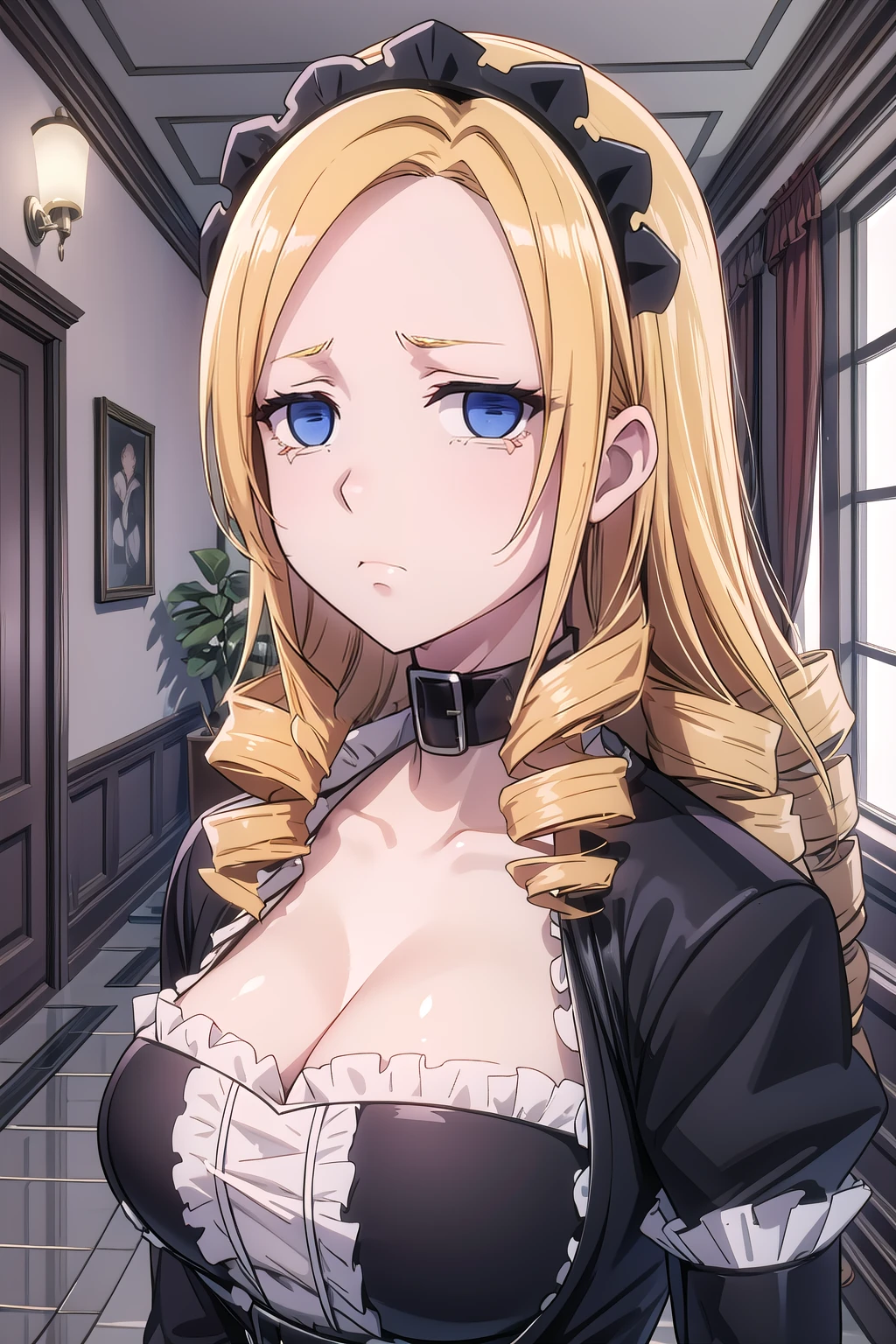 solution_Black_maid_uniform, solutionepsilon, solo, collarbone, cleavage, large_breasts, looking_at_viewer, closed_mouth, expressionless, sad, black_maid_headdress, black_collar, puffy_sleeves, close-up, upper_body, portrait, indoors, day, hallway, window, <lora:Solution_Epsilon_V2:0.8>