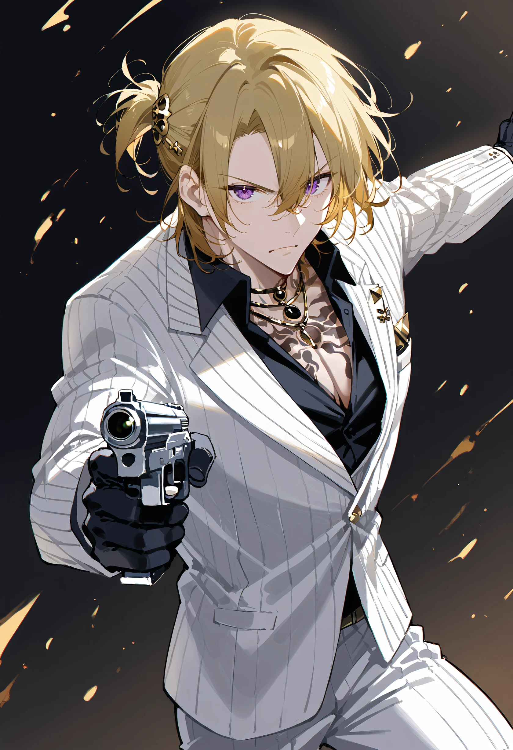 score_9, score_8_up, score_7_up, best quality, source_anime BREAK, Luca Kaneshiro, 1boy, black gloves, chest tattoo, blonde hair, purple eyes, collared shirt, hair between eyes, striped jacket, necklace, short sidetail, suit, black shirt, white pants, long sleeves, pinstripe pattern, hair ornament, short hair, <lora:Luca_KaneshiroV1:1>, muscular male, solo, holding gun, aiming at viewer, angry, arm behind back, dynamic pose, dutch angle,