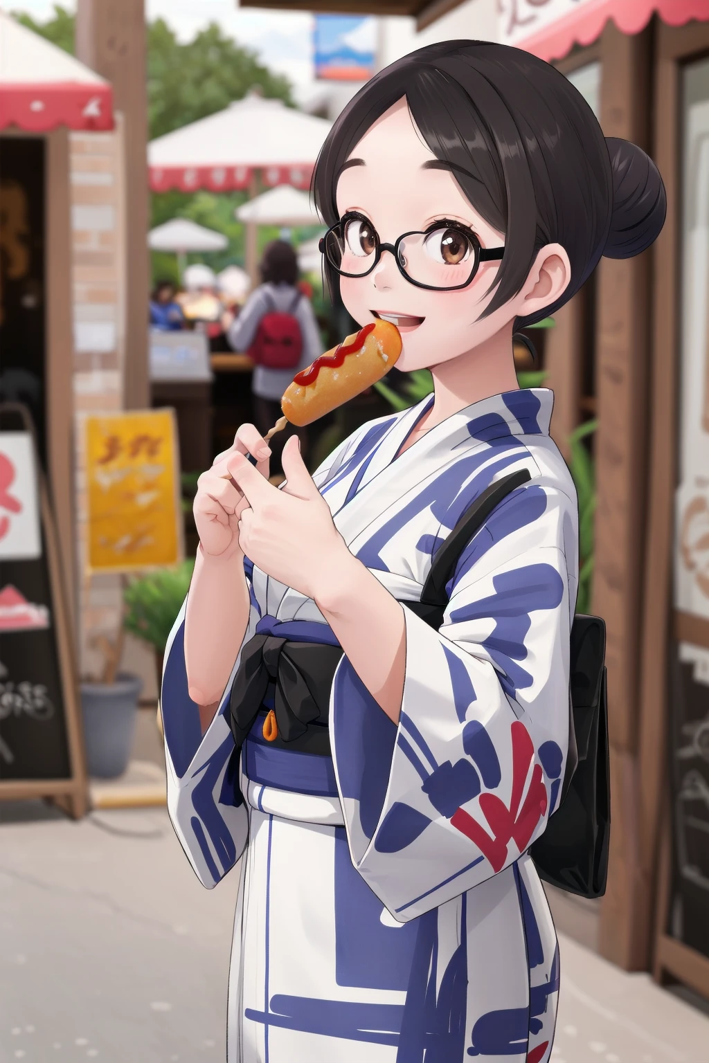 masterpiece, best quality, very aesthetic, absurdres, 
1girl, solo, glasses, black hair, short hair, hair bun, yukata, happy, smile, holding, holding food, food, outdoors, depth of field, blurry background,
american_dog, skewer, ketchup
 <lora:american_dog_SD15_V1:0.8>