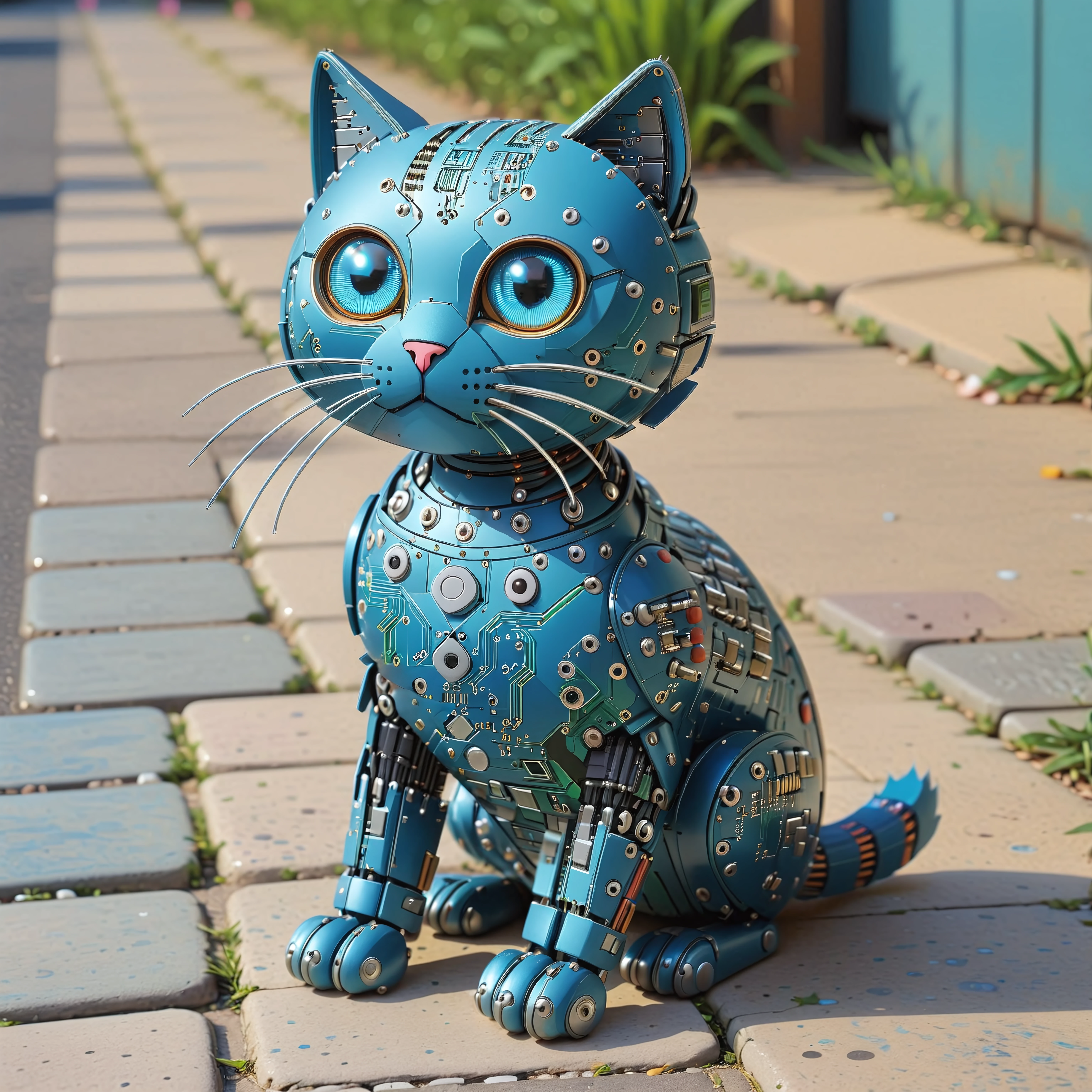 pcb_style, cat, animal, cute, sitting on sidewalk, blue colored, robot, <lora:Styles\SDXL\PCB_Style_[SDXL]_-_Snoodler>