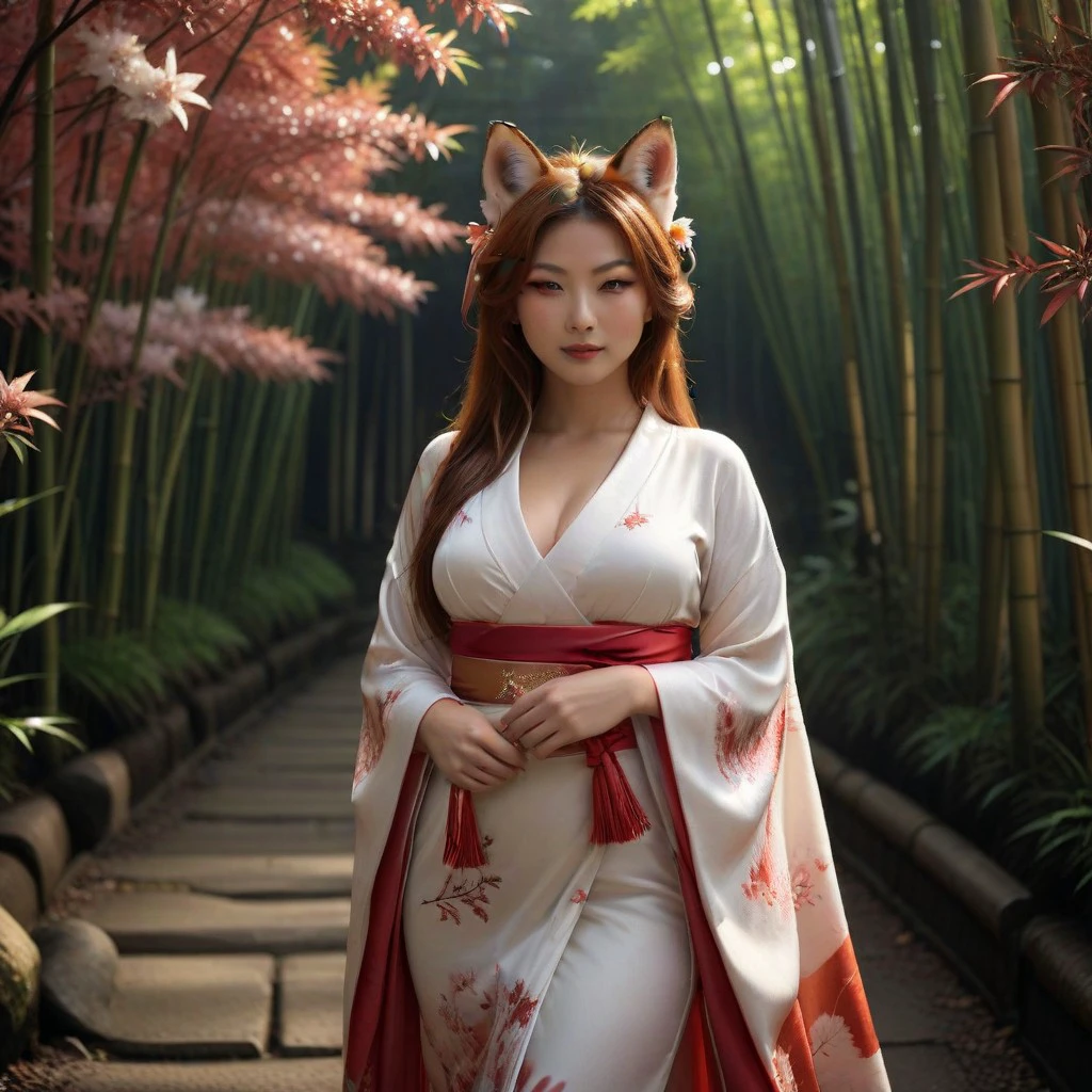 (Masterpiece,best_quality, hires,absurdres, ultra_detailed,8k_uhd,full_body_shot:1.3),(beautiful sexy Kitsune, large perky breasts, perfect goddess face, soft delicate lips, expressive captivating eyes:1.3), walking though a moonlit bamboo forest, falling cherry blossoms, vibrant radiation lighting