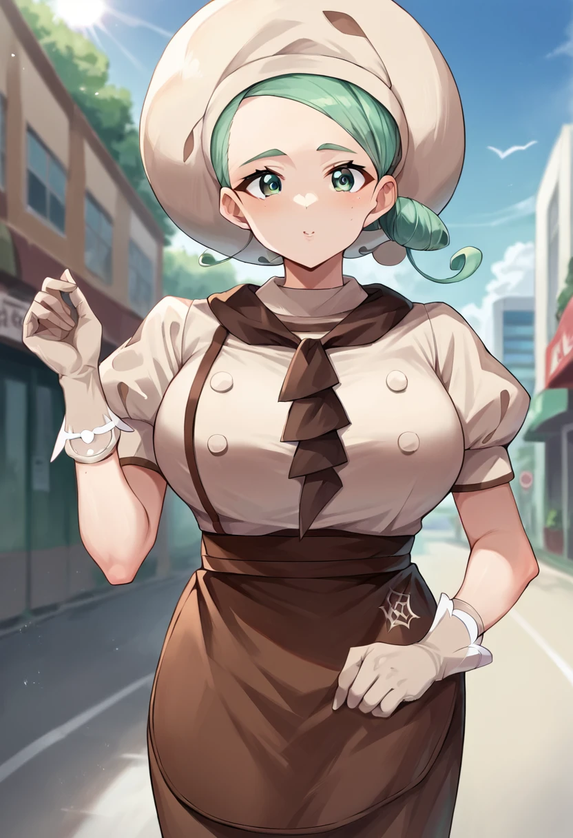 Noel Shirogane, Shirogane Noel, Braiding, french Braiding, (Green Eyes:1.5), Grey Hair, hair ribbon, ribbon, short hair, Snowflake choker, Wavy Hair, Huge breasts, break casual, clavicle, High Waist Skirt, Official Alternative Costumes, Official Alternative Hairstyle, sweater, break looking at viewer, break outdoors, city, break (masterpiece:1.2), highest quality, High resolution, unity 8k wallpaper, (figure:0.8), (Beautiful fine details:1.6), Highly detailed face, Perfect lighting, Highly detailed CG, (Perfect hands, Perfect Anatomy),