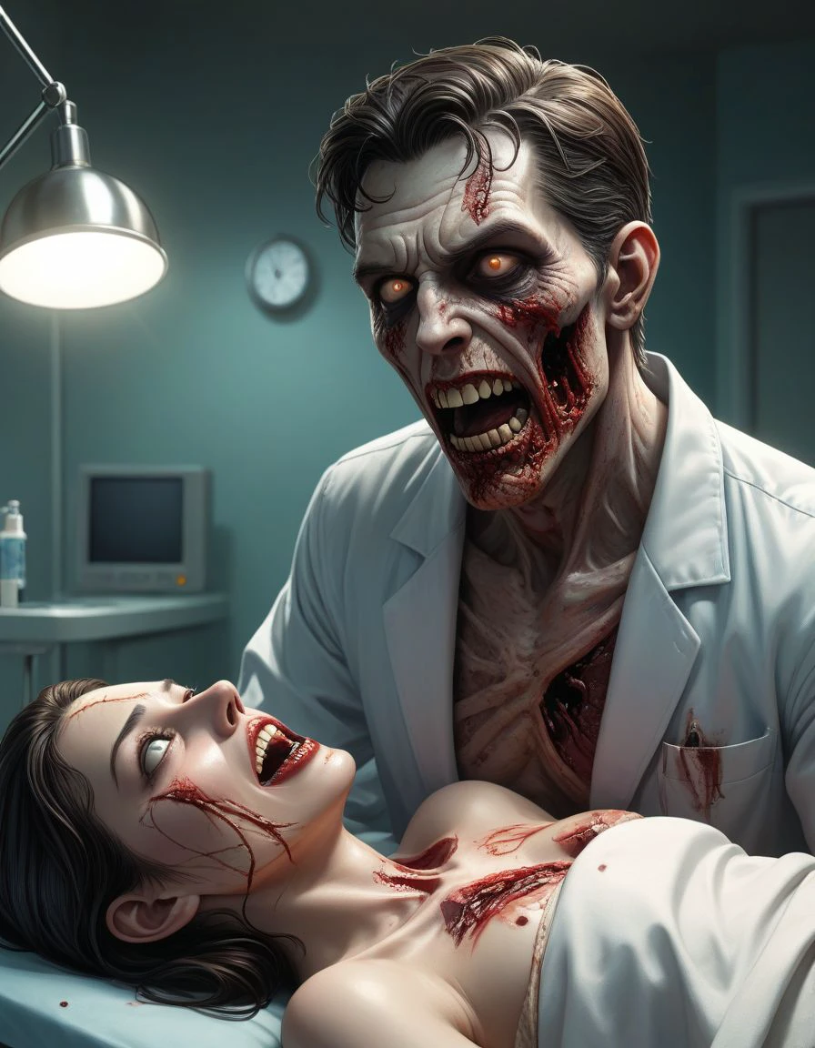 A zombie doctor, its scalpel gleaming in the twilight, hunches over a patient, its touch not for harm but for a twisted form of healing.