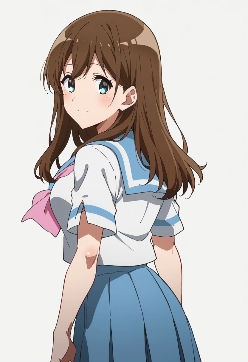 score_9, score_8_up, score_7_up, source_anime, rating_safe <lora:k_mayu_PONY-100007:1> k_mayu, anime coloring, 1girl, long hair, brown hair, blue eyes,light smile, blush, pink neckerchief, blue sailor collar, kitauji high school uniform, short sleeves, pleated skirt, blue skirt, black pantyhose, medium breasts, looking back, from behind, standing, white background,