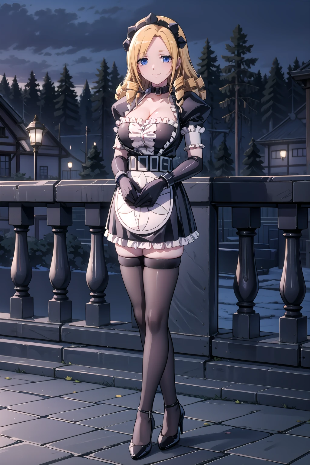 solution_Black_maid_uniform, solutionepsilon, solo, looking_at_viewer, collarbone, cleavage, large_breasts, closed_mouth, smile, black_maid_headdress, black_collar, puffy_short_sleeves, elbow_gloves, black_gloves, wrist_cuffs, belt, white_maid_apron, print_maid_apron, frilled_skirt, black_miniskirt, black_thighhighs, zettai_ryouiki, side_slit, long_legs, black_footwear, high_heels, own_hands_together, full_body, standing, outdoors, <lora:Solution_Epsilon_V2:0.8>