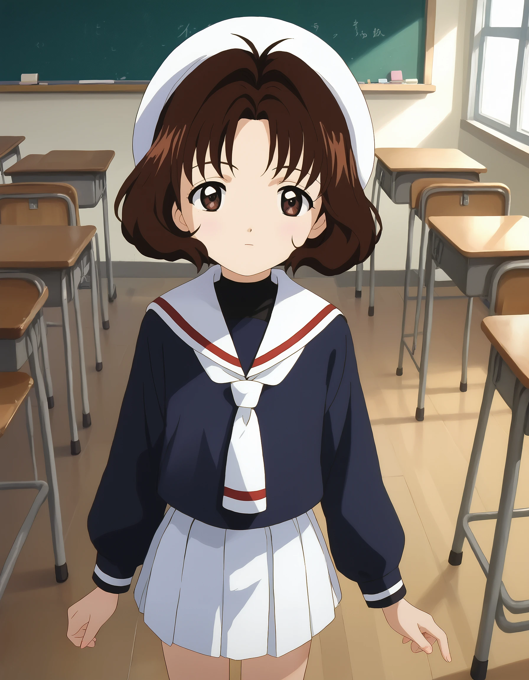 score_9, score_8_up, score_7_up, masterpiece, absurdres, source_anime, perfect anatomy,

1girl, solo, RikaSasaki, 1990s style, brown hair, short hair, bob cut, brown eyes,
school uniform, black blouse, white sailor collar, white skirt, short skirt, hat, white hat,

indoors, classroom, looking at viewer,