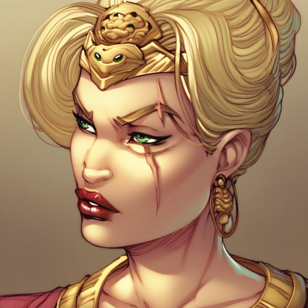 score_9, score_8_up, score_7_up, score_6_up, Cersei-Lannister, GoT-GraphicNovel, 1girl, solo, blonde hair, jewelry, green eyes, collarbone, earrings, lips, makeup, scar, portrait, tiara, lipstick, sensitive