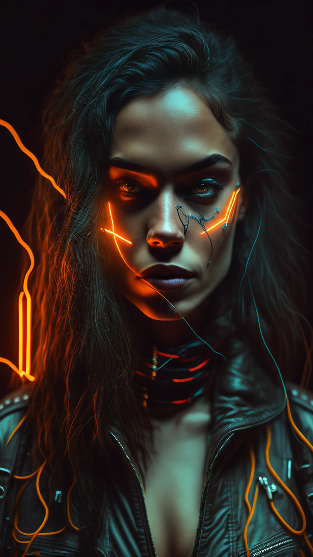 D_Ewir3s , Dark electric neon wires,1girl, solo, cyberpunk, black hair, long hair, cyborg, breasts, cleavage, looking at viewer, science fiction, jacket, realistic, portrait, orange eyes, glowing