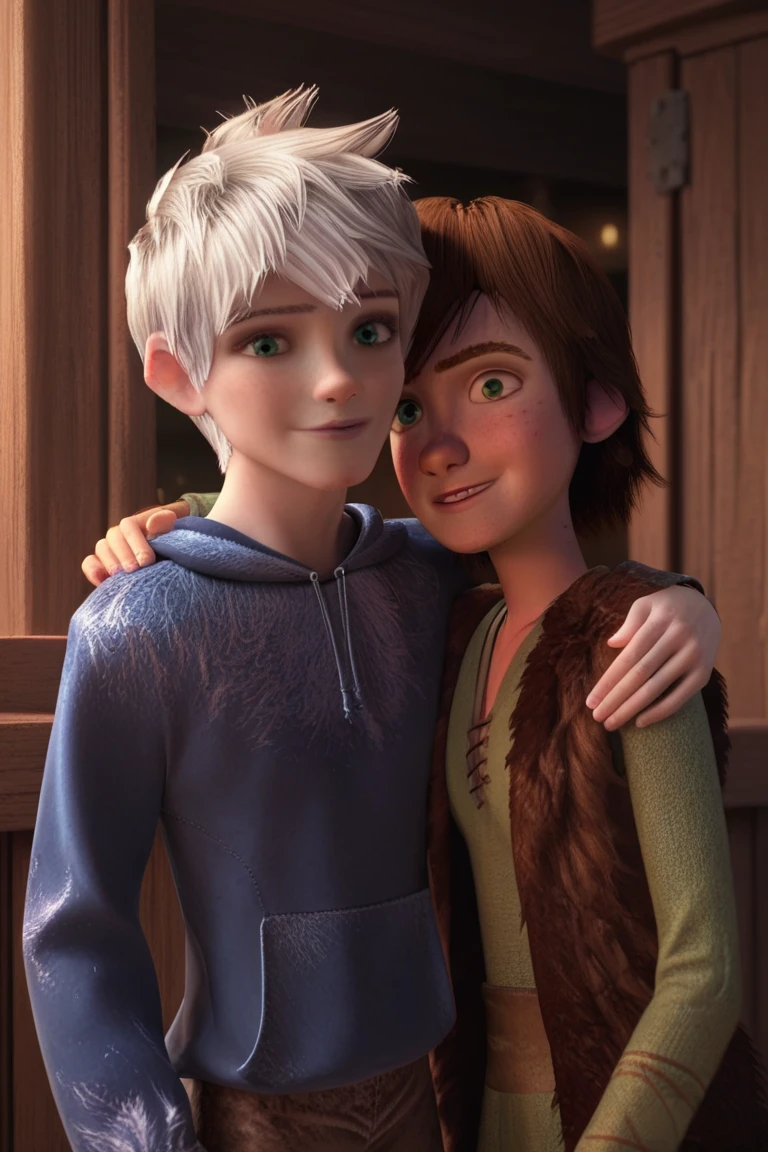 score_9, score_8_up, score_7_up, score_6_up, masterpiece, best quality, amazing quality, best aesthetic, absurdres, intricate details, detailed face, v, (arm around shoulder:1.1), looking at viewer, smile,
jack frost, white hair, blue eyes  hiccup, brown hair, green eyes<lora:EMS-436752-EMS:1.000000>