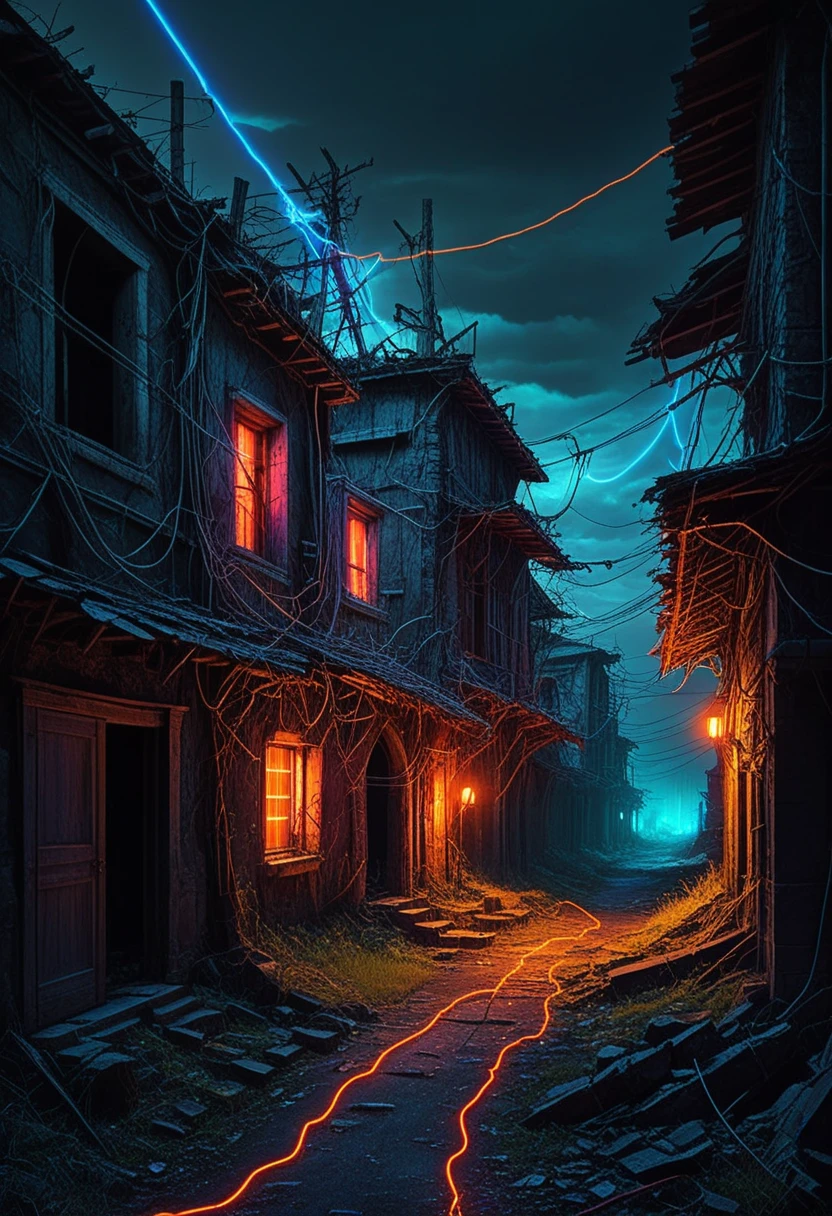 D_Ewir3s , Dark electric neon wires,
 dark fantasy art, abandoned rural village, scenery,architecture, building