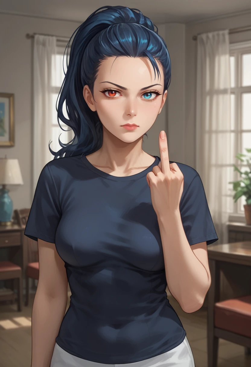 score_9, score_8_up, score_7_up,
best quality, masterpiece, ultra detailed,
<lora:Expressive_H:1>, 28 years old, mature, 
looking at viewer, 
<lora:Everlasting_Summer_Viola:0.7>, viola, ponytail hair, heterochromia eyes, left eye red, blue eye blue, blue eyes, heterochromia, ponytail, red eyes, black hair, blue hair, , milf woman solo, 
annoyed face, side from, black t-shirt, middle finger
amazing background,