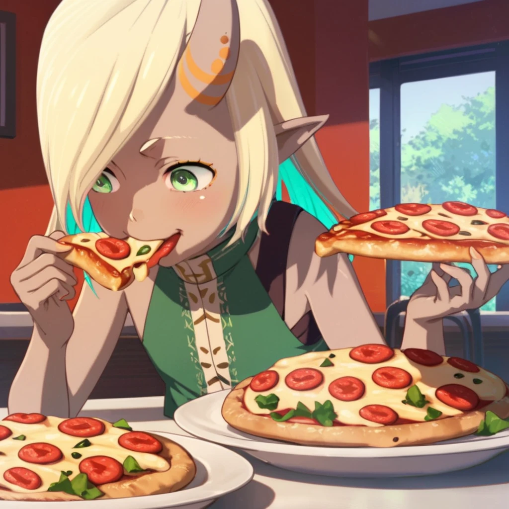 score_9, score_8_up, score_7_up, score_6_up, score_5_up, score_4_up, source_anime, , Lall, single horn, green eyes, blonde hair, dark skin, dinner, eating pizza