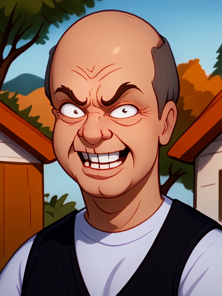 <lora:Big_Jim_-_King_of_the_Hill:1>1boy, grey hair, middle aged, white shirt, dark_orange_vest, pattern_baldness, scowl, angry, portrait, smile, looking passed viewer, yelling, turning to viewer, yelling at viewer, outdoors, face focus,, source_cartoon, score_9, score_8_up, score_7_up,