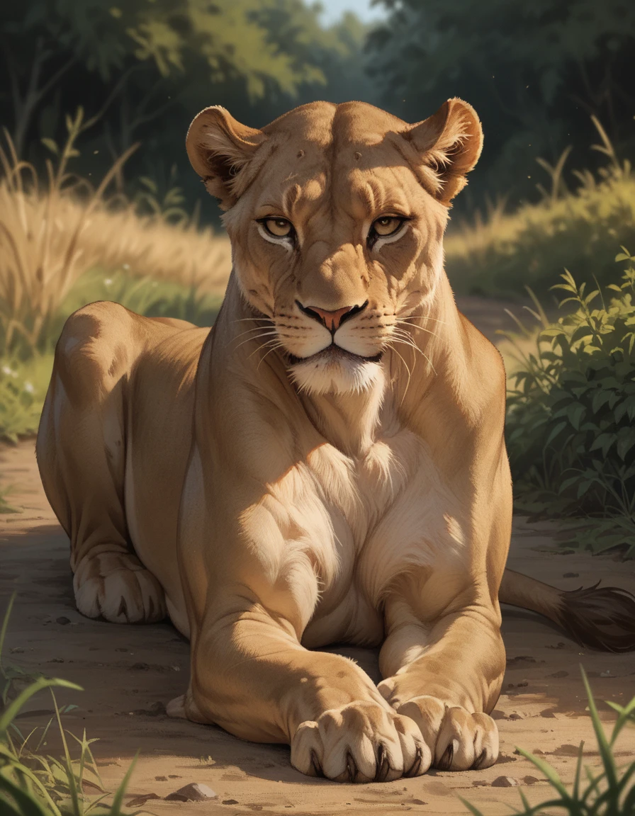 score_9, score_8_up, score_7_up, score_6_up, score_5_up, score_4_up, hud_af_l1oness, no humans, whiskers, outdoors, <lora:africanlioness-000009:0.7>, full body, looking at viewer, lying, on stomach