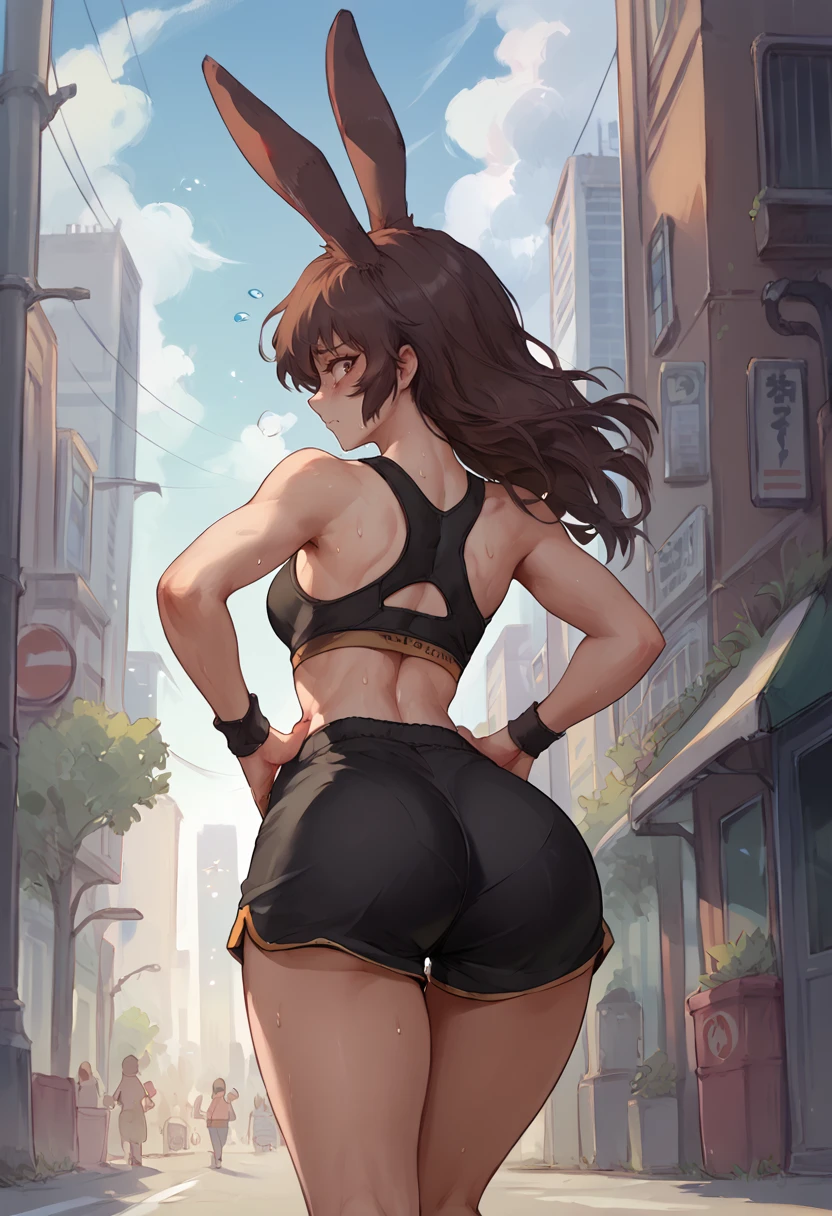 score_9, score_8_up, score_7_up, from behind, solo, 1girl, velvetscarlatina, sweat, embarrassed, looking back, hands on own hips, flying sweatdrops, animal ears, black sports bra, black shorts, short shorts, rabbit tail, ass, outdoors, city street <lora:rwby_velvetscarlatina_ponyXL:1>