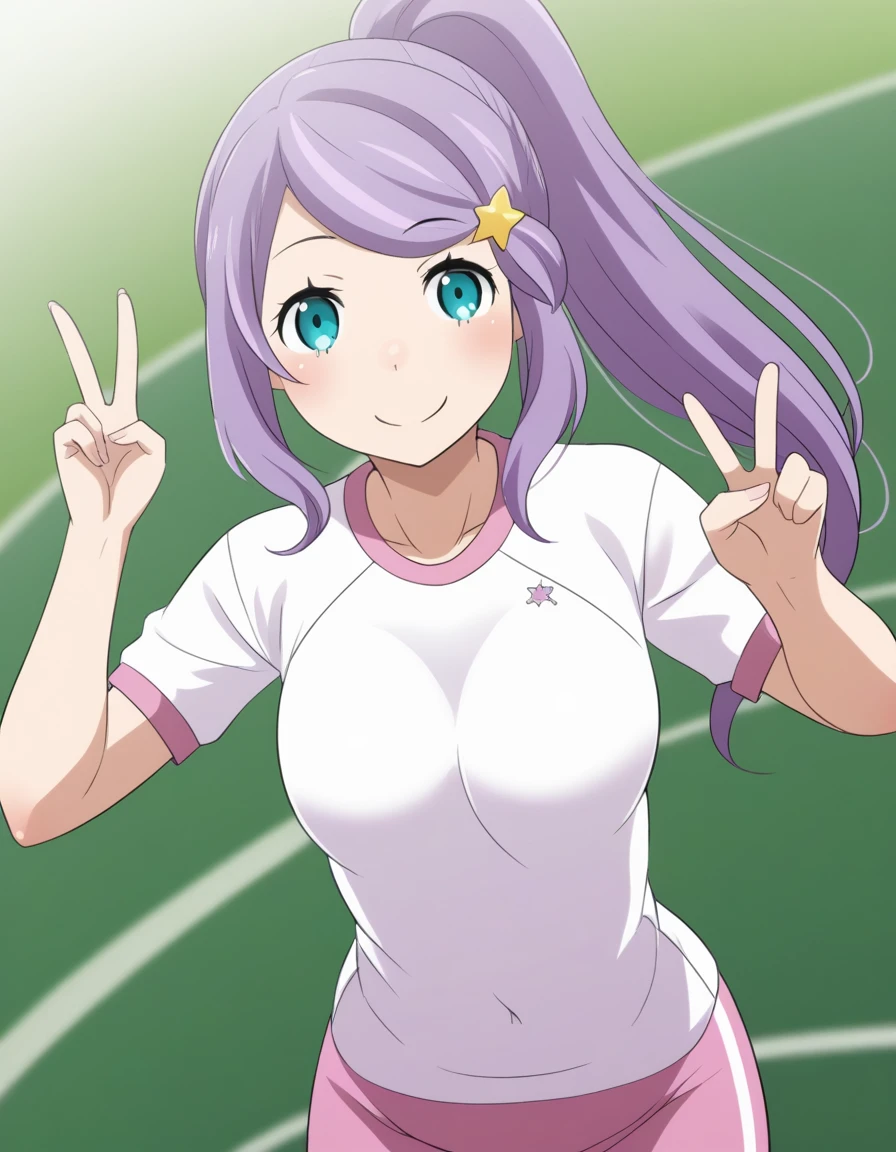 <lora:Anastasia_Hoshin_ReZero:1>, 1girl, anastasia hoshin, purple hair, ponytail, v sign, smile, solo focus, sports shirt