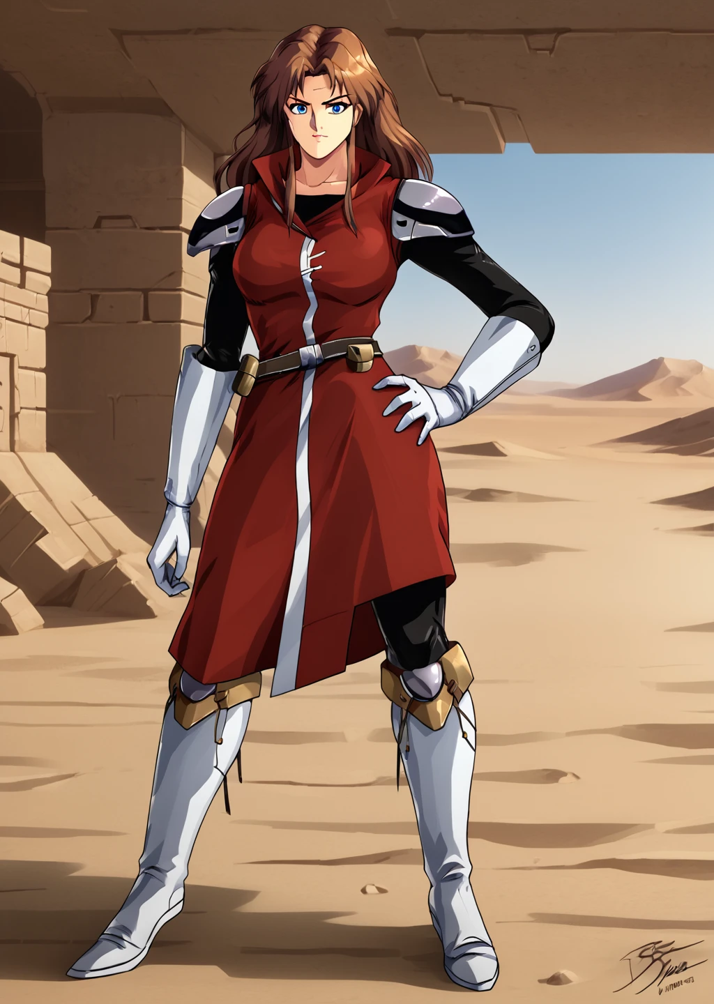 woman standing, Alys Brangwin, armor, dynamic shot, curvy, indoors, white boots, red sleeveless coat, white gloves, sci-fi, desert background, solo, 1girl, brown hair, blue eyes, hand on hip, victorious, <lora:Alys_Brangwin-000007:1>