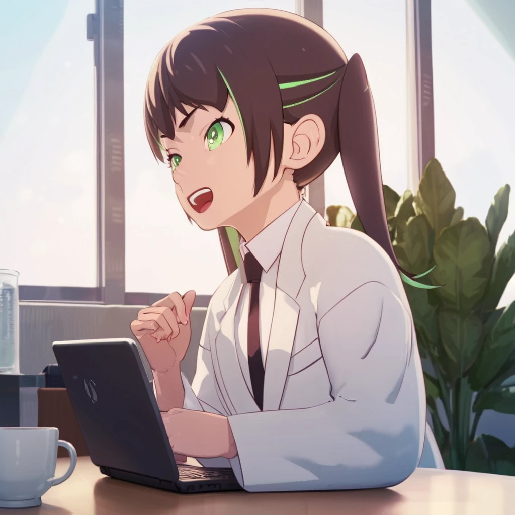 score_9, score_8_up, score_7_up, score_6_up, score_5_up, score_4_up, source_anime, , Chika, labcoat, concentrated, doing research, looking at computer