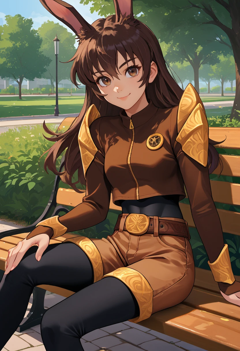 score_9, score_8_up, score_7_up, source_anime, solo, 1girl, velvetscarlatina, smile, looking at viewer, sitting, park bench, animal ears, brown jacket, cropped jacket, shoulder armor, long sleeves, black bodysuit, bodysuit under clothes, brown shorts, belt, outdoors <lora:rwby_velvetscarlatina_ponyXL:1>