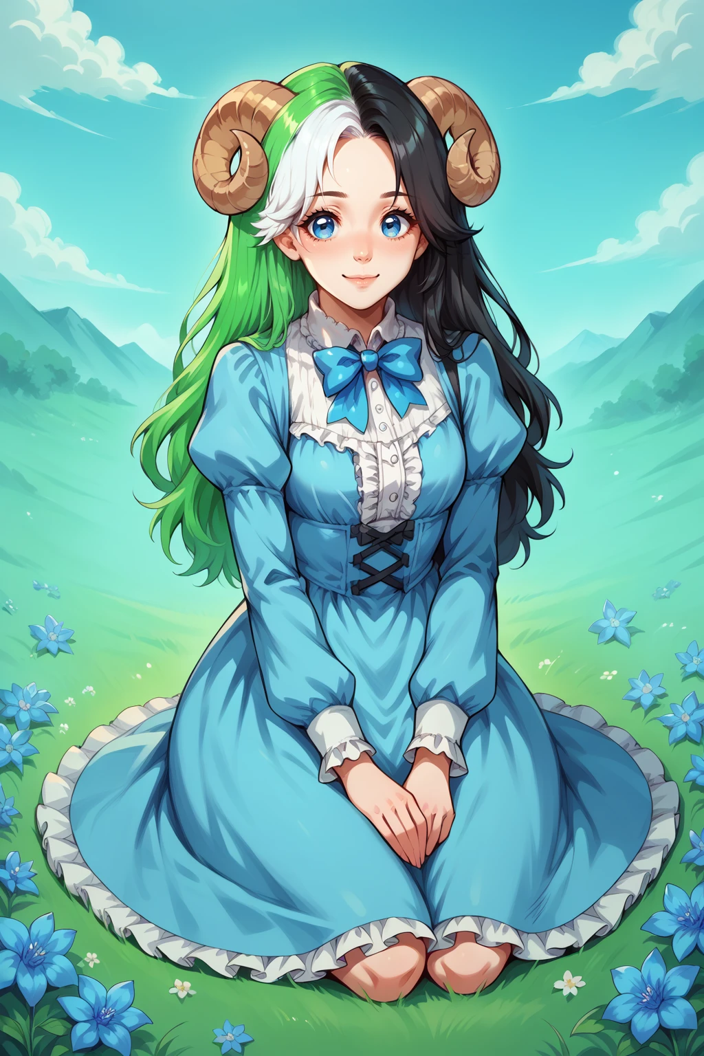 score_9, score_8_up, score_7_up, BREAK <lora:NSMelionPalHair:1> NSMelionPalHair, green hair, black hair, white hair, multicolored hair, long hair, blue eyes, blue dress, frilled dress, puffy sleeves, bowtie, frills, flower field, blue flowers, sitting, happy, sheep horns, sheep girl, puffy hair