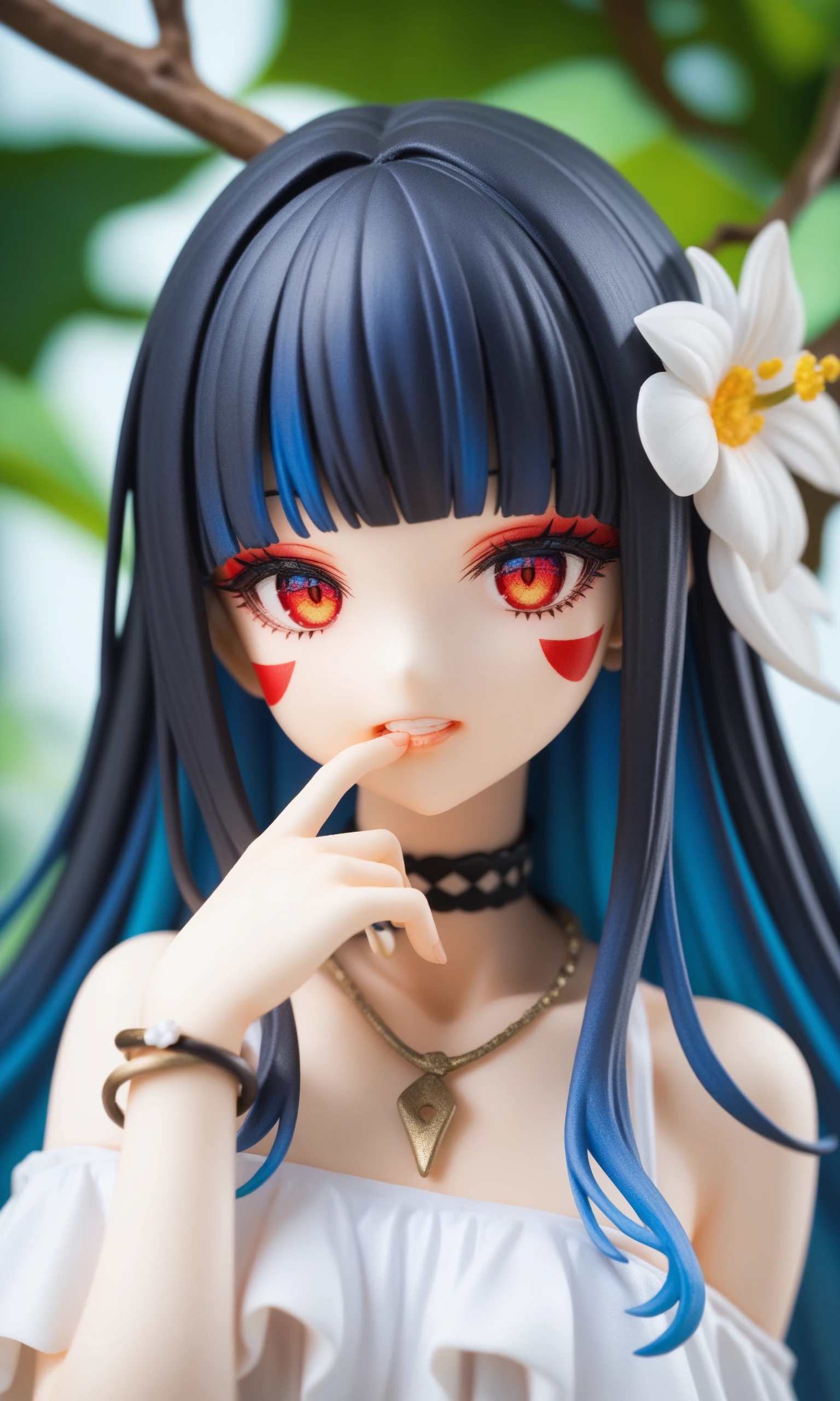 score_9,score_8_up,score_7_up,source_anime,
1girl,multicolored eyes,solo,flower,jewelry,long hair,necklace,bracelet,hair flower,black hair,looking at viewer,hair ornament,upper body,teeth,multicolored hair,blunt bangs,finger to mouth,hand up,collarbone,makeup,choker,fingernails,parted lips,eyeshadow,red eyes,blue hair,white flower,gradient eyes,camellia,bare shoulders,branch,finger in own mouth,facial mark,leaf,