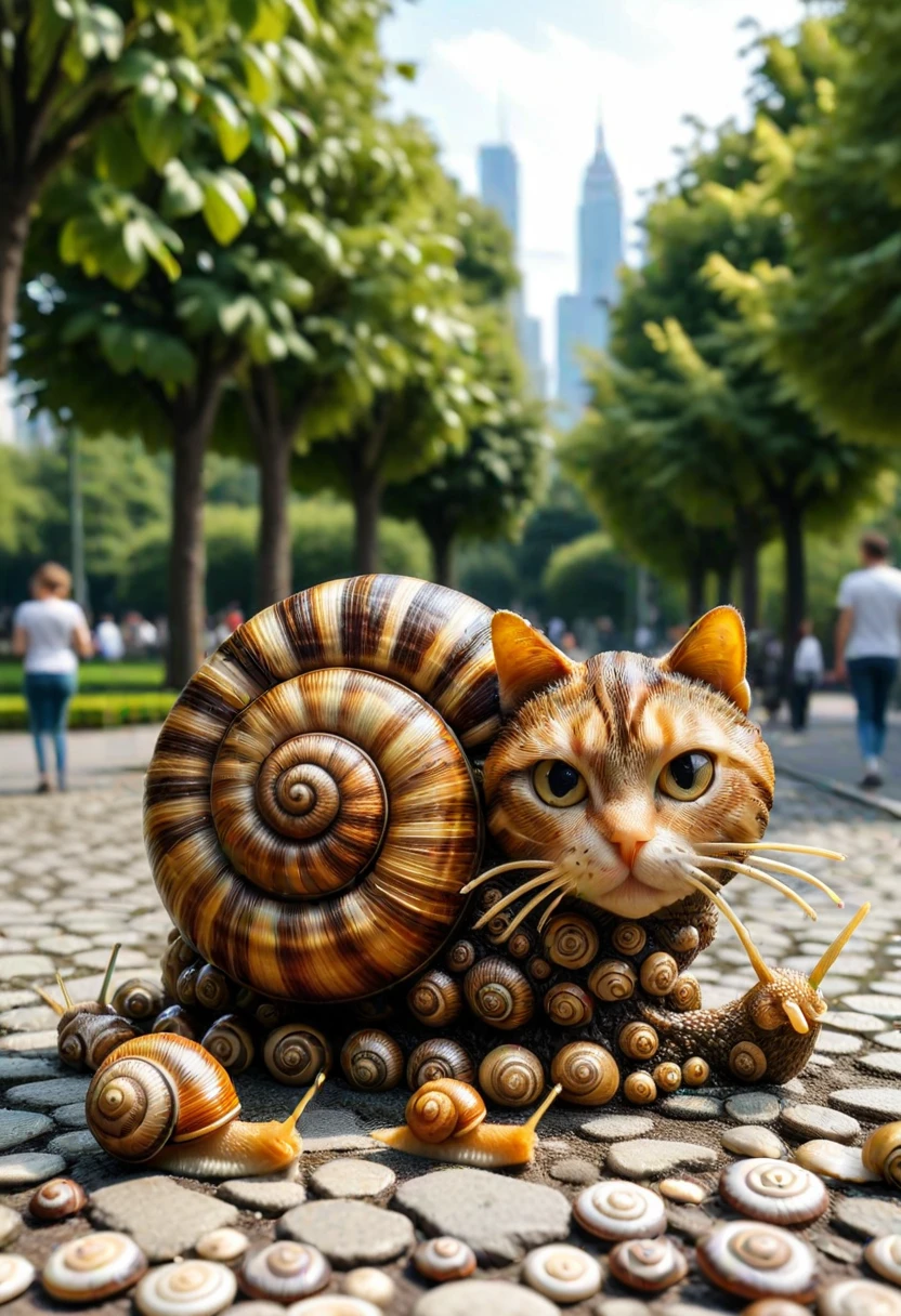 SN41LS, a cat made of snails,  set in a public park, city, ,Masterpiece,best quality, raw photo, realistic, very aesthetic