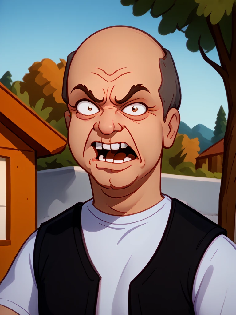 <lora:Big_Jim_-_King_of_the_Hill:1>1boy, grey hair, middle aged, white shirt, dark_orange_vest, pattern_baldness, scowl, angry, portrait, mouth open, looking passed viewer, yelling, turning to viewer, yelling at viewer, outdoors, face focus,, source_cartoon, score_9, score_8_up, score_7_up,