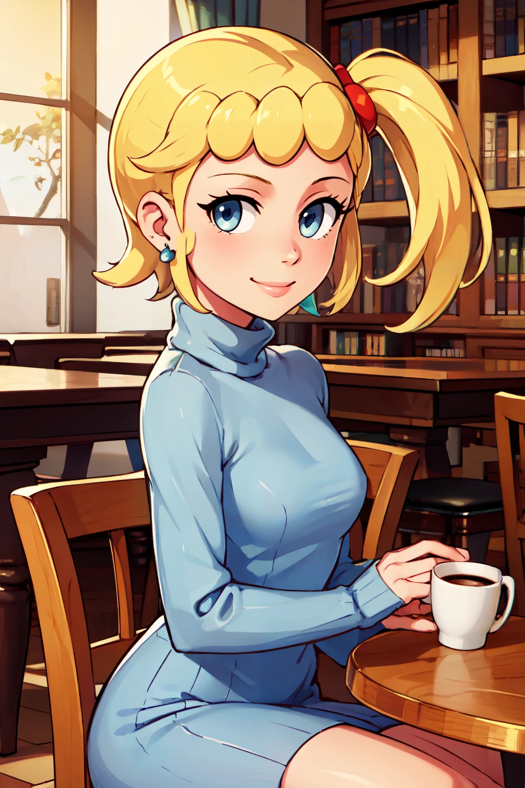 ((masterpiece,best quality)), absurdres,  BREAK, , <lora:Bonnie_Pokemon:0.8>, zzBonnie, blonde hair, blue eyes, short hair, side ponytail, , BREAK, turtleneck sweater, earrings, library, cup of coffee, sitting at table, BREAK, solo, smile, looking at viewer, cowboy shot,