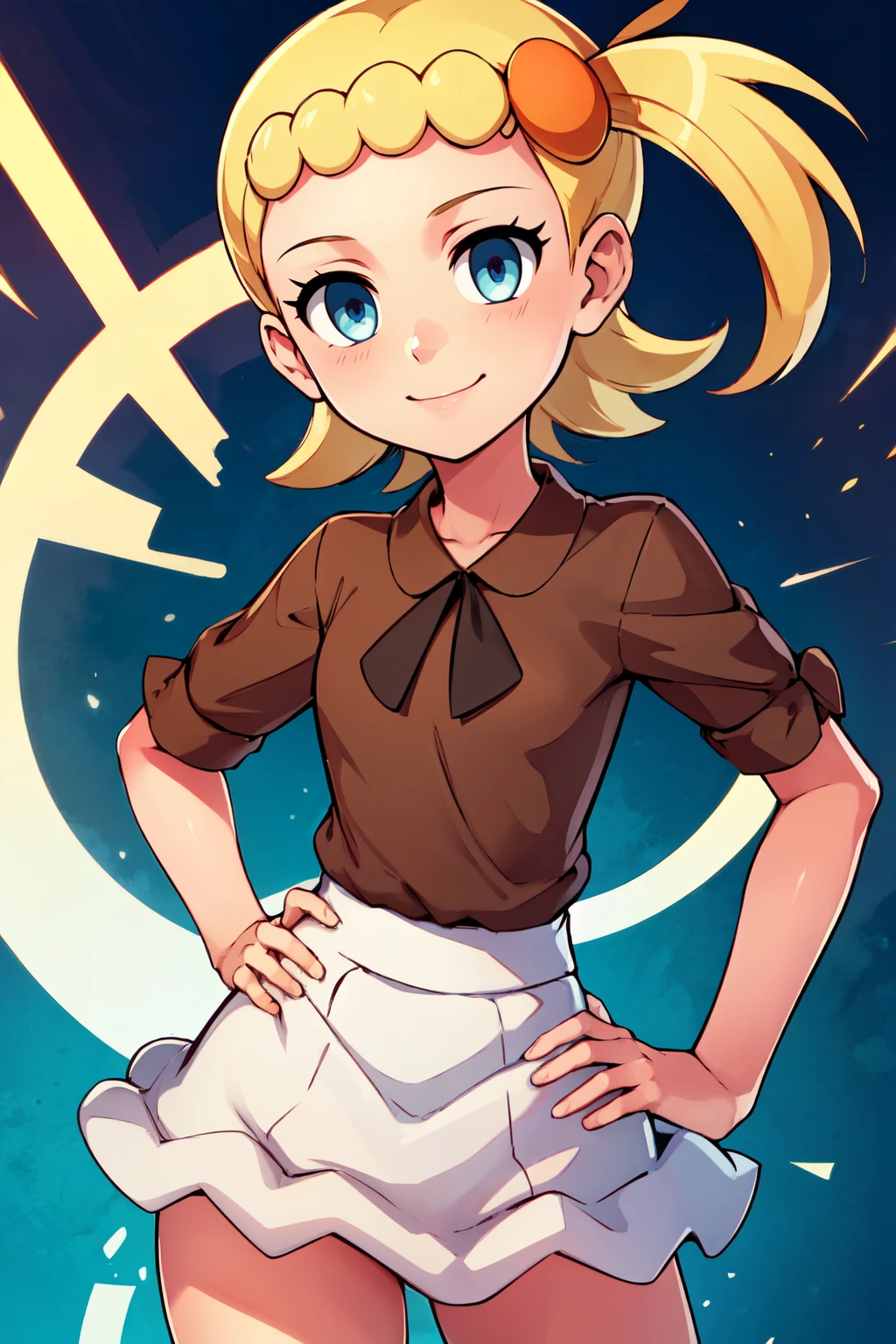 ((masterpiece,best quality)), absurdres,  BREAK, , <lora:Bonnie_Pokemon:1.0>, zzBonnie, blonde hair, blue eyes, short hair, side ponytail, brown shirt, white skirt, , BREAK, hip to the side, hand on hip, contrapposto,, BREAK, solo, smile, looking at viewer, cowboy shot,