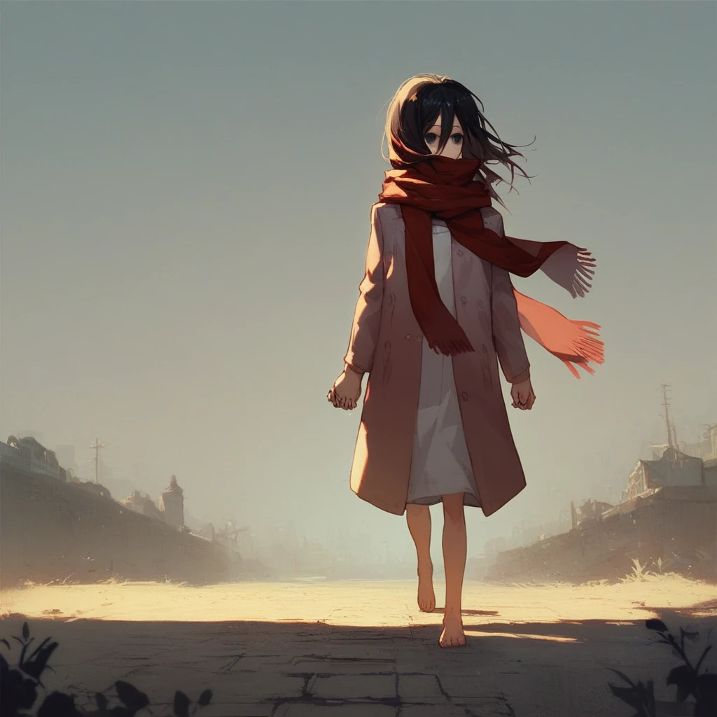 score_9, score_8_up, score_7_up, score_6_up, Mikasa Ackerman, Attack-On-Titan, 1girl,  black hair, long sleeves, hair between eyes, standing, jacket, full body, outdoors, barefoot, solo focus, scarf, black eyes, coat, dated, shadow, holding hands, aged down, walking, red scarf, oversized clothes, borrowed clothes, scarf over mouth, general