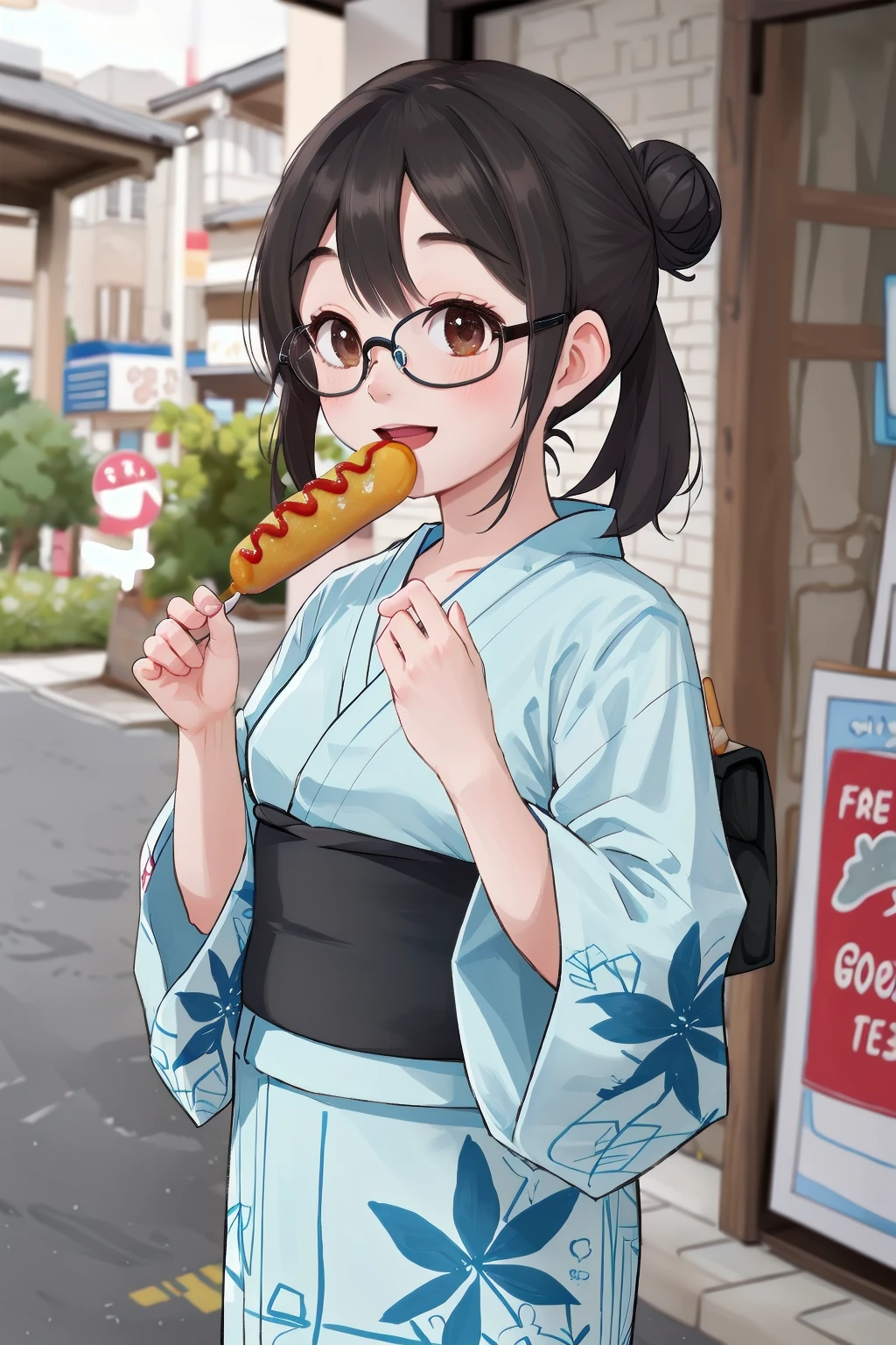 masterpiece, best quality, very aesthetic, absurdres, 
1girl, solo, glasses, black hair, short hair, hair bun, yukata, happy, smile, holding, holding food, food, outdoors, depth of field, blurry background,
american_dog, skewer, ketchup
 <lora:american_dog_SD15_V1:0.8>