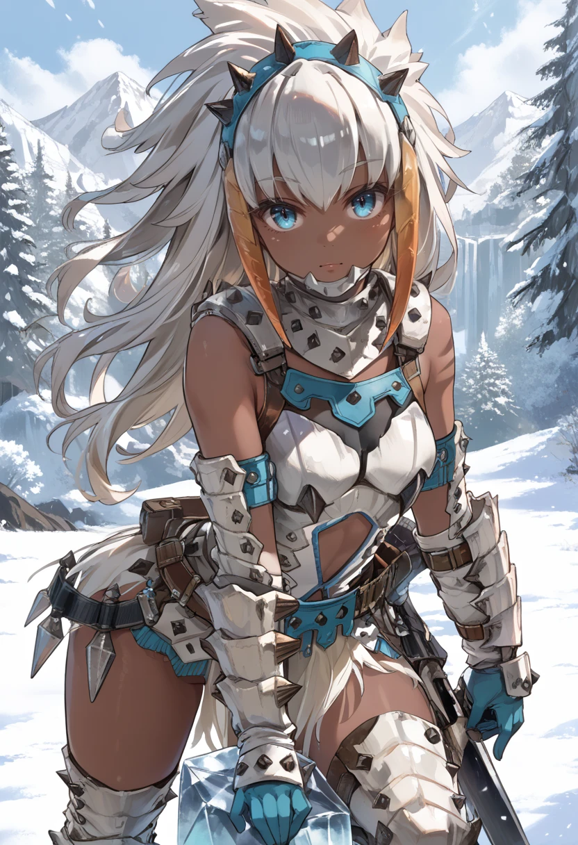 (score_9:0.9),score_8_up,score_7_up,rating_safe,anime style,(zPDXL),<lora:Barioth S Armor ponyXL v2.1:0.85>,barioth armor,dark-skinned female,long hair,white thigh boots,white elbow gloves,white helmet,looking at viewer,ice, snow
