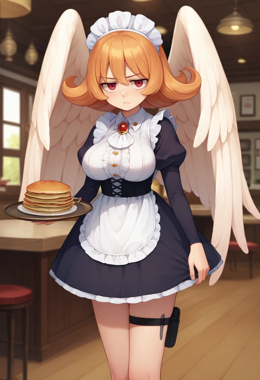 score_9, score_8_up, score_7_up, source_anime, solo, 1girl, irmeidri, monster girl, white wings, feathered wings, unamused, looking at viewer, standing, holding tray, flipped hair, maid headdress, frills, black dress, brooch, white ascot, puffy sleeves, long sleeves, white apron, thigh strap, large breasts, indoors, restaurant <lora:interspeciesreviewers_meidri_ponyXL:1>