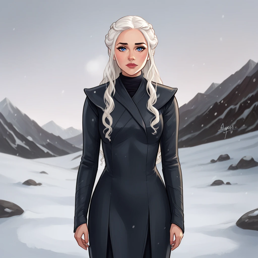 score_9_up, BREAK, DAENERYS, 1girl, solo, white hair, long hair, blue eyes, black dress, long sleeves, cowboy shot, looking at viewer,  <lora:DaenerysTargaryen_PXL_Leaf1:0.8> , winter, snow,