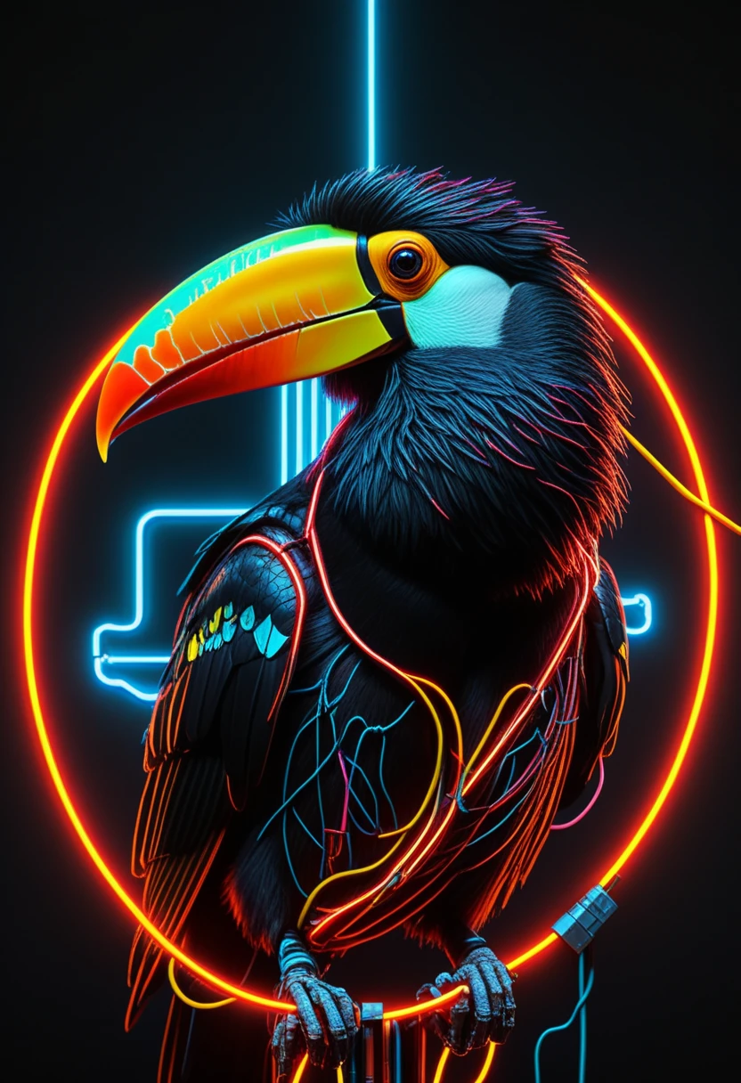 D_Ewir3s , Dark electric neon wires,
dark cyberpunk art, cybernetic-toucan