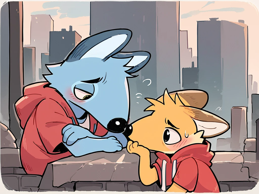 score_9, score_8_up, score_7_up, high quality, hires, red hoodie, blue body, yellow eyes, 2boys, yellow body, shy, furry male, looking at another, <lora:Rae__VK_sticker__Ð ÑÐ¹:1>, city