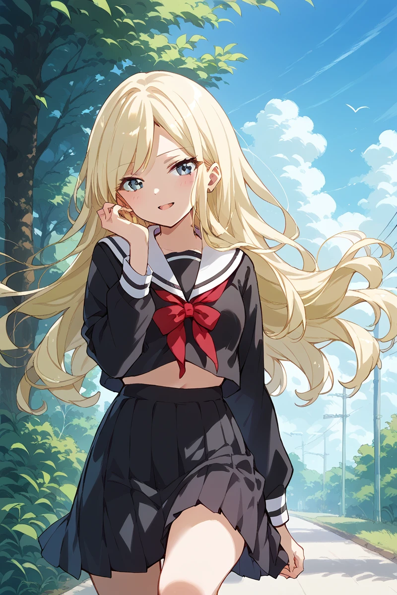 score_9, score_8_up, score_7_up, score_6_up, 1girl,
 <lora:Fumi_Yumeoji:0.9> fumi, blonde hair, long hair, school uniform, black skirt, black top, outside,