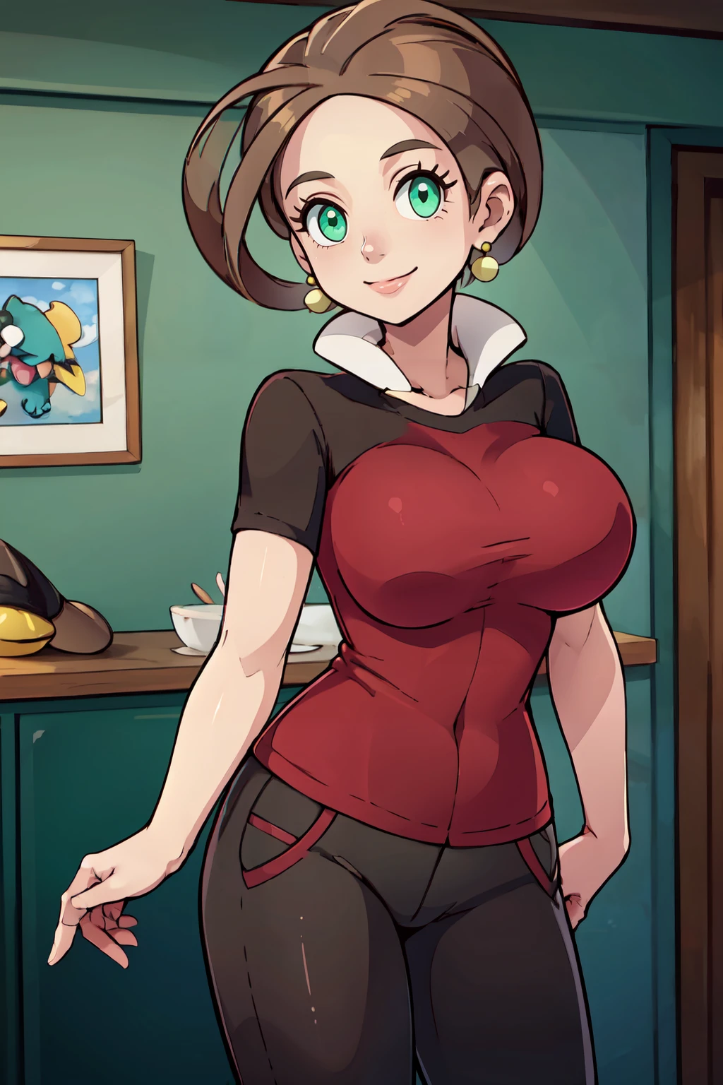 ((masterpiece,best quality)), absurdres,  BREAK, , <lora:Alexa_Pokemon:0.8>, zzAlexa, brown hair, green eyes, earrings, large breasts, black shirt, red shirt, grey pants, , BREAK, hip to the side, contrapposto,, BREAK, solo, smile, looking at viewer, cowboy shot,