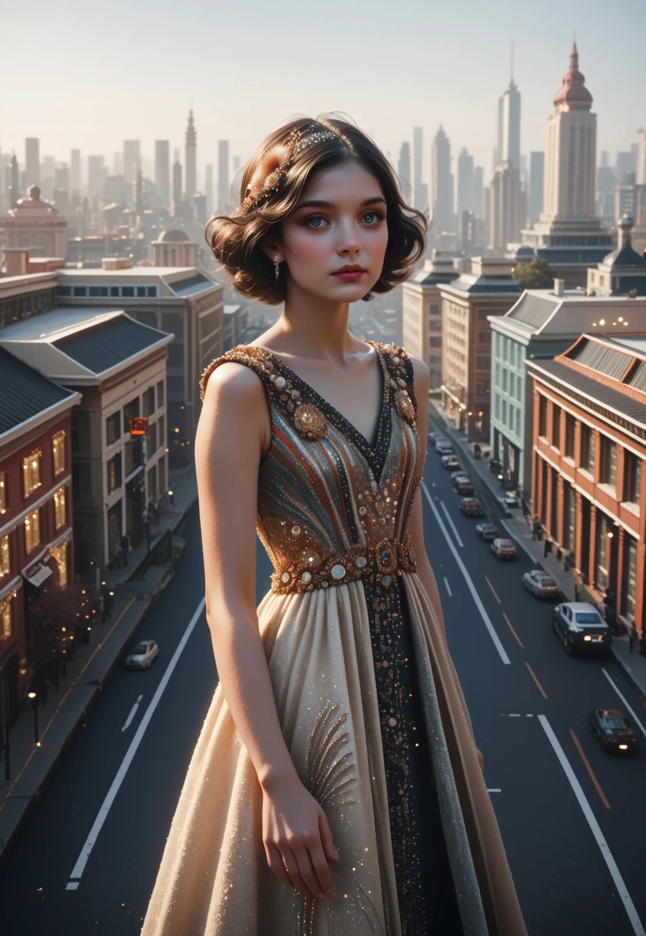 END_ArtDeco_Inspo, 1920s inspired, a woman in a 1920s flapper dress, the year is 1920, the scene is made from Art Deco decorations, Downtown, outdoors, City view, buildings BREAK score_9, score_8_up, score_7_up, score_6_up, score_5_up, score_4_up,