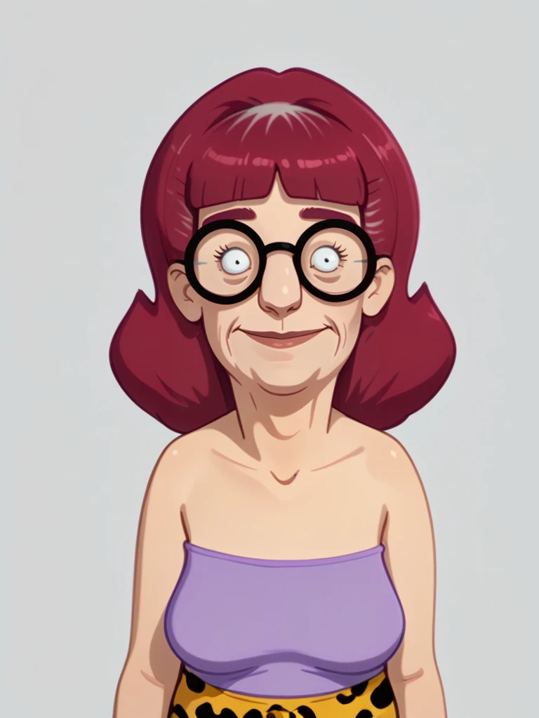 <lora:Helen_Kellerman_-_Bobs_Burgers:0.75>1girl, old woman, mature, dyed hair, red hair, purple tube-top, short hair, wrinkles, bangs, bare shoulders solo, glasses, black framed glasses, round eyewear, gray_roots, black eyes, leopard print pants, capri pants, upper body, looking at viewer, lowered eyelids, smile,, source_cartoon, score_9, score_8_up, score_7_up,