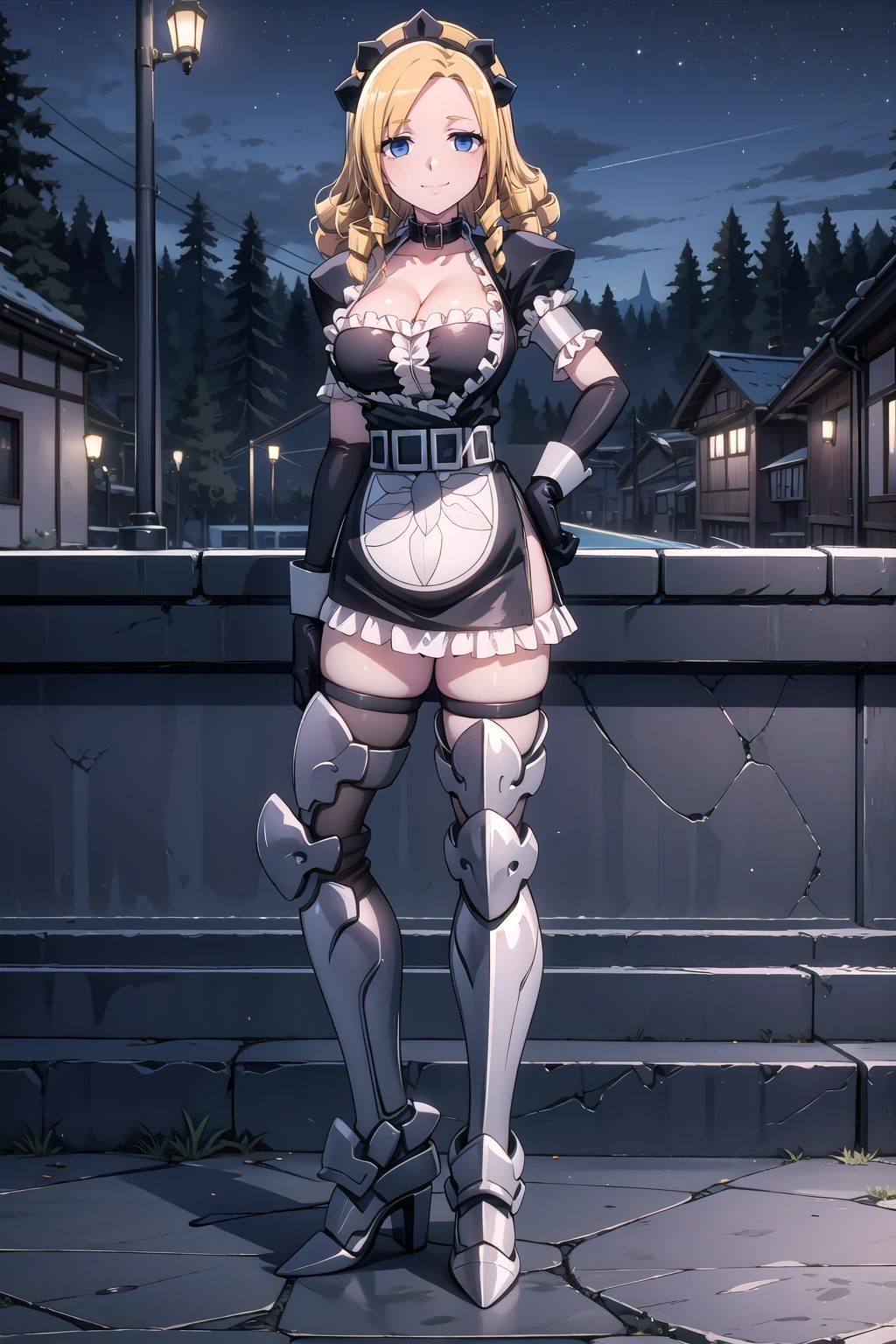 solution_Black_maid_uniform, solutionepsilon, solo, looking_at_viewer, collarbone, cleavage, large_breasts, closed_mouth, smile, black_maid_headdress, black_collar, puffy_short_sleeves, elbow_gloves, black_gloves, wrist_cuffs, belt, white_maid_apron, print_maid_apron, frilled_skirt, black_miniskirt, black_thighhighs, zettai_ryouiki, side_slit, greaves, armored_boots, long_legs, high_heels, thigh_boots, hand_on_hip, full_body, standing, outdoors, <lora:Solution_Epsilon_V2:0.8>