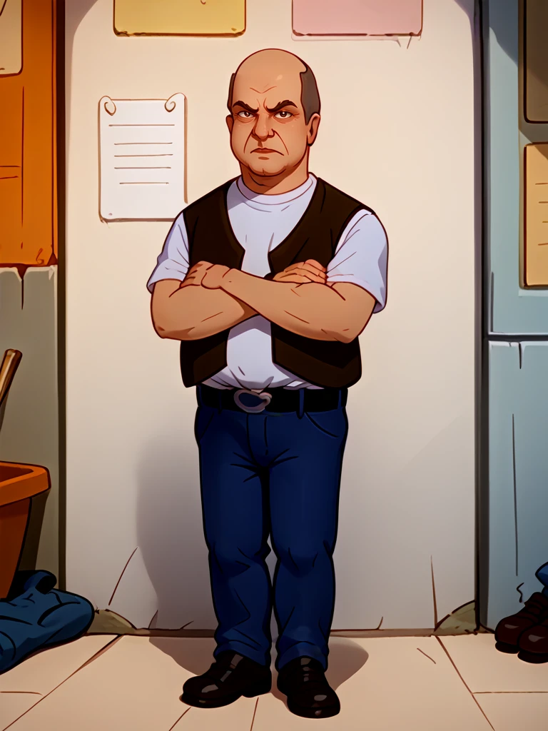 <lora:Big_Jim_-_King_of_the_Hill:1>1boy, grey hair, middle aged, white shirt, dark_orange_vest, pattern_baldness, scowl, jeans, belt, arms crossed, black shoes, leaning, legs crossed, full body, looking at viewer,, source_cartoon, score_9, score_8_up, score_7_up,