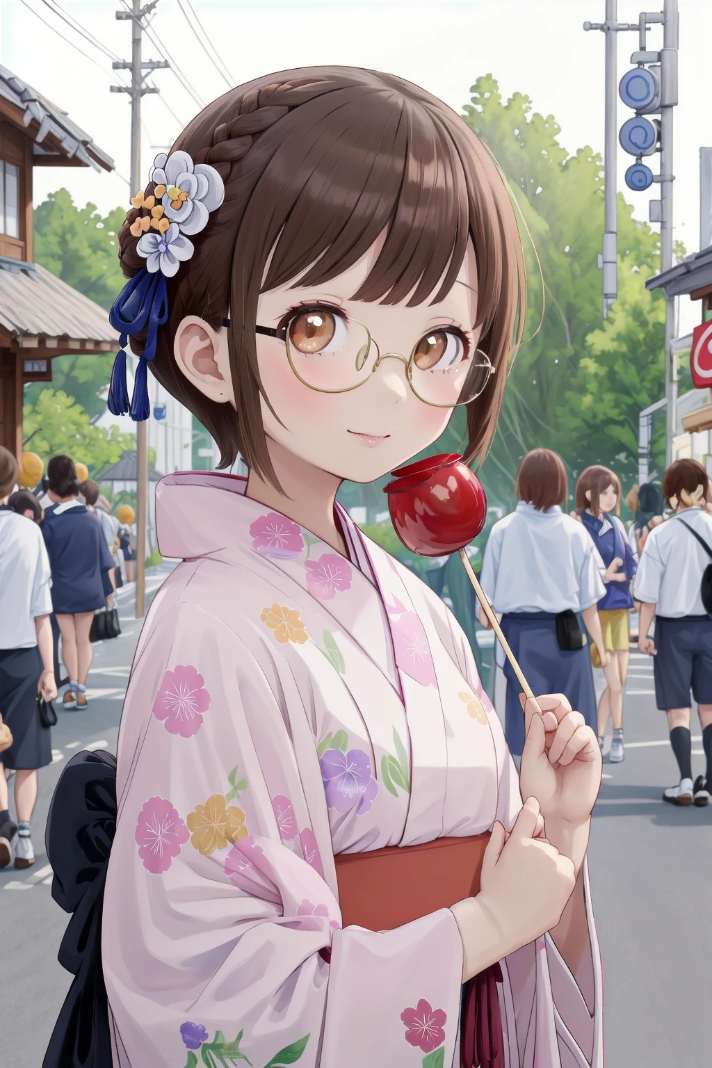 masterpiece, best quality, very aesthetic, absurdres, glasses,
ringoame, 1girl, food, brown hair,  japanese clothes, kimono, candy apple, hair ornament, looking at viewer, hair flower, brown eyes, flower, holding food, upper body, holding, short hair,  outdoors, bangs
<lora:ringoame_SD15_V1:0.8>