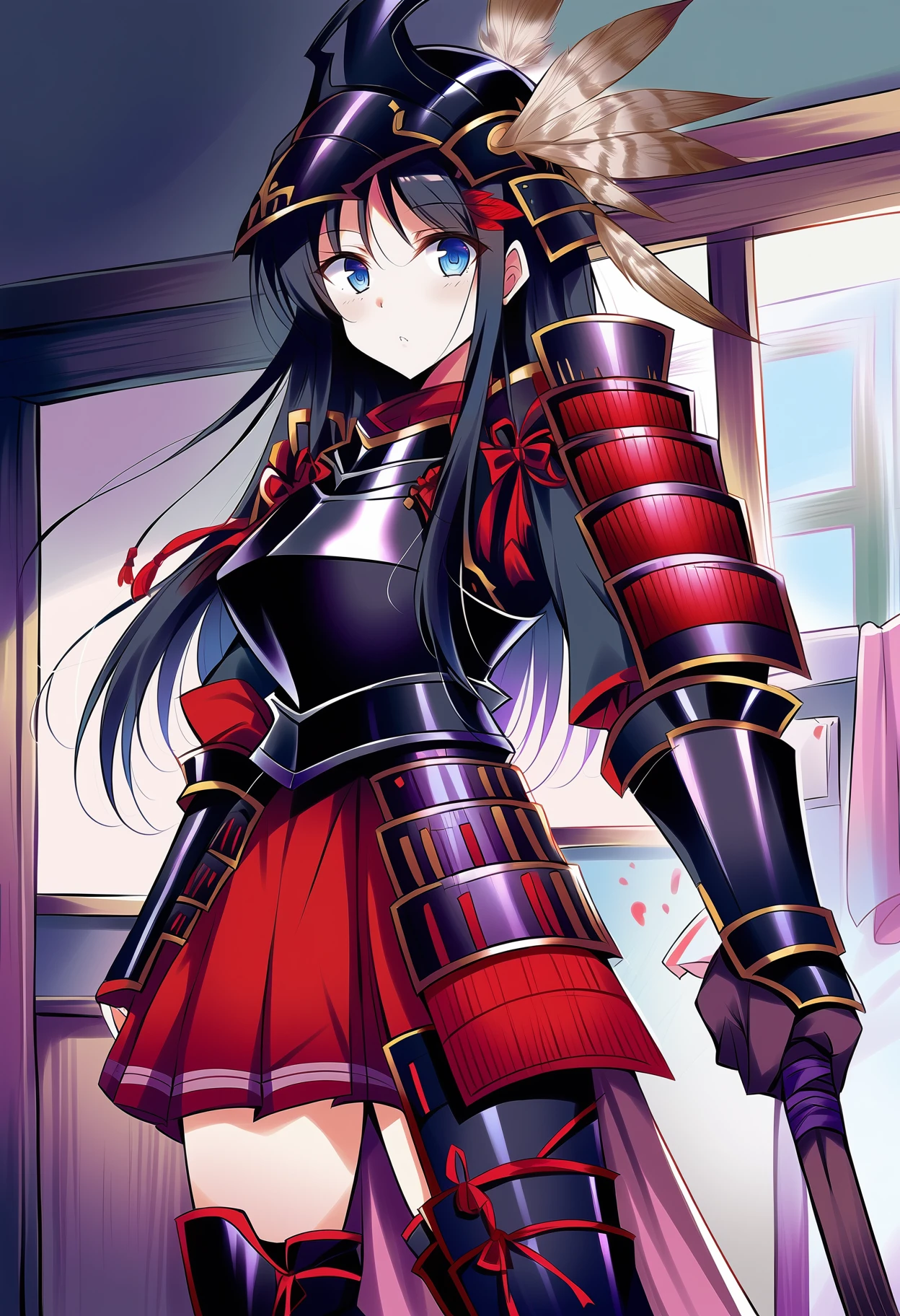 score_9, score_8_up, score_7_up, source_anime BREAK 1girl, solo, <lora:akaneryuuzouji-wr-richy-v1_pdxl:1> knrzj, blue eyes, black hair, long hair, breastplate, japanese armor, helmet, feather ornament, red skirt, armored boots, thigh boots, indoors