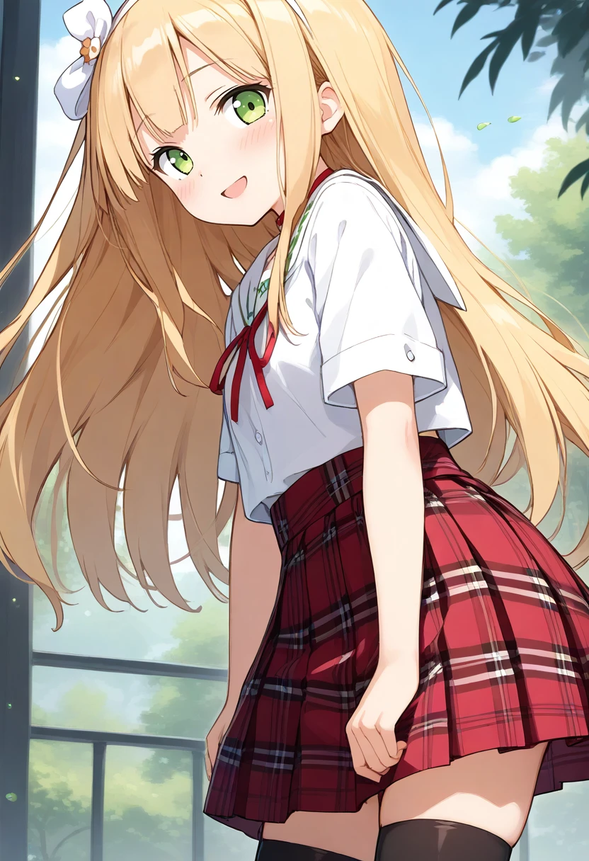 score_9, score_8_up, score_7_up, source_anime,
1girl,
<lora:Hyper-SDXL-8steps-lora:1>
<lora:SDXL_azuki_azusa_p726:1> 
azuki_azusa,blonde hair, long hair,green eyes, 
white bow,hairband, bow hairband, white hairband, 
BREAK
school uniform, white shirt,skirt,plaid skirt,plaid,red skirt,red choker,neck ribbon, red ribbon, short sleeves, 
solo, 
(thighhighs, black thighhighs, blush,zettai ryouiki), 
standing, smile,